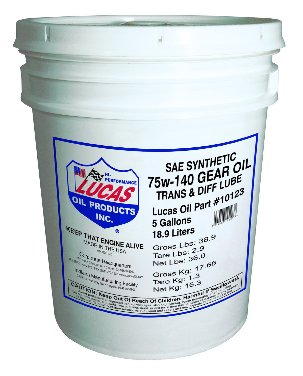 Lucas Oil 10123 Synthetic Sae 75W-140 Gear Oil - 5 Gallon