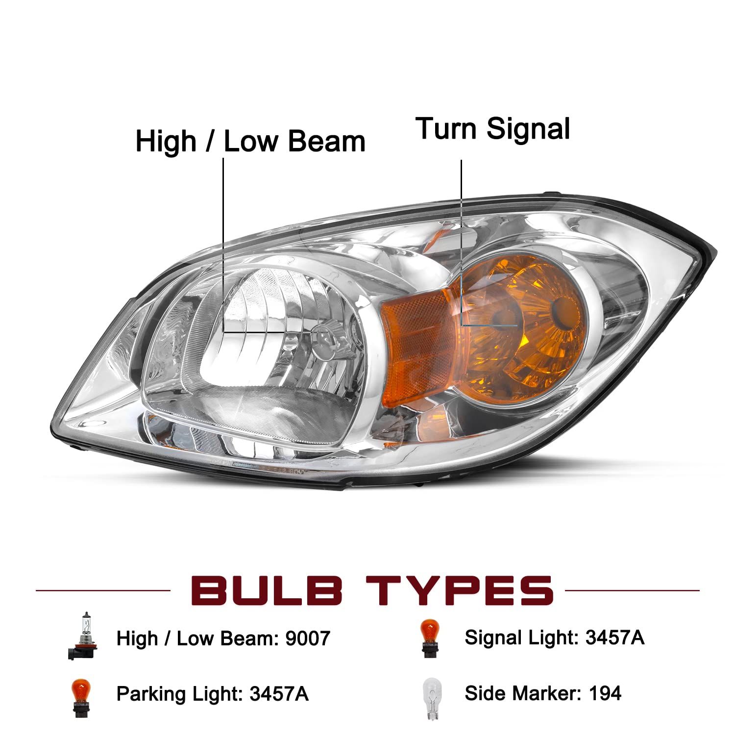 Jsboyat Headlight Assembly W/Bulbs Fit For 2005-2010 Chevy Cobalt 2007-2010 Pontiac G5 2005-2006 Pursuit Passenger And Driver Side, Chrome Housing & Amber Reflector