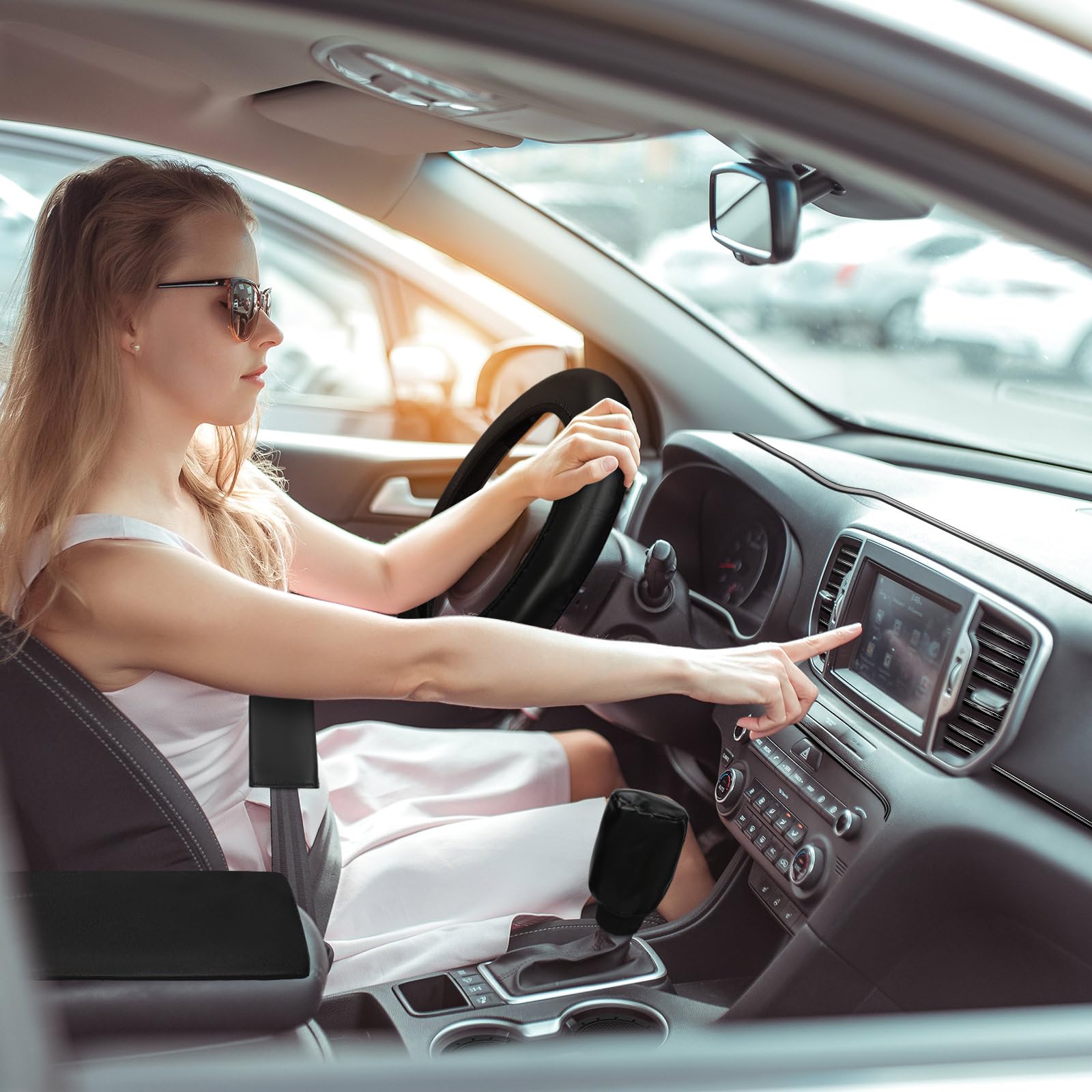 46 Pcs Bling Car Accessories Set for Women Leather Steering Wheel Cover Seat Belt Covers Diamond Rings Sticker Rhinestone Cup Ho