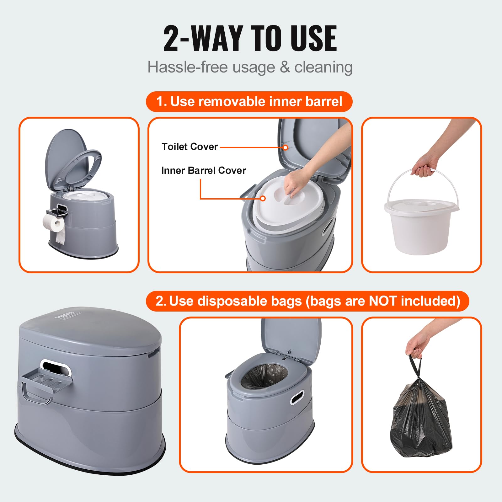 Vevor Rv Toilet For Camping, Portable Toilet With 1.3 Gal Detachable Inner Bucket & Removable Paper Holder, Commode With Dual Lids, Travel Toilet For Outdoor Camping Car Long Road Trips