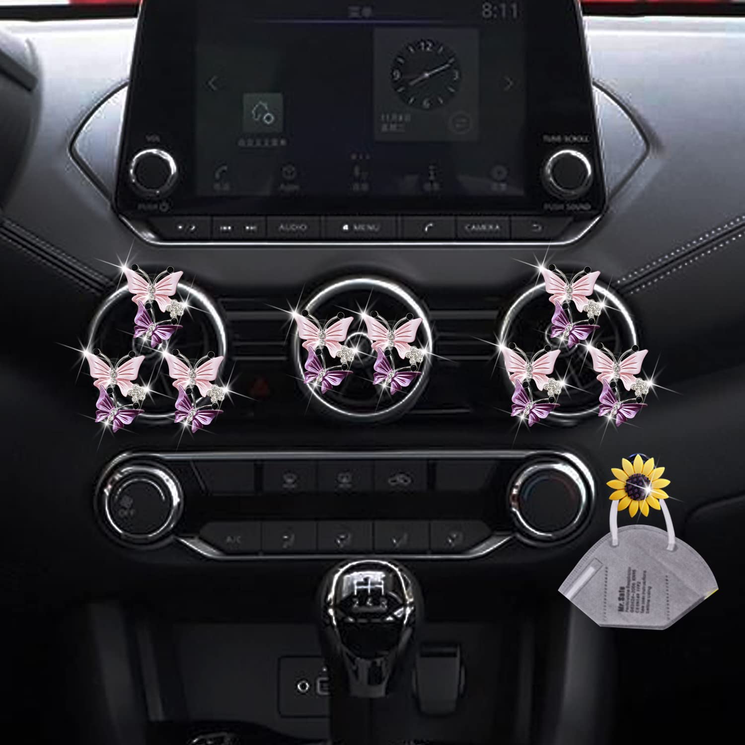 Air Fresheners Vent Clips for Women, 8 Pcs Cute Dual Butterfly Diamond Rhinestone Interior Decor Charm Accessories + Sunflower M