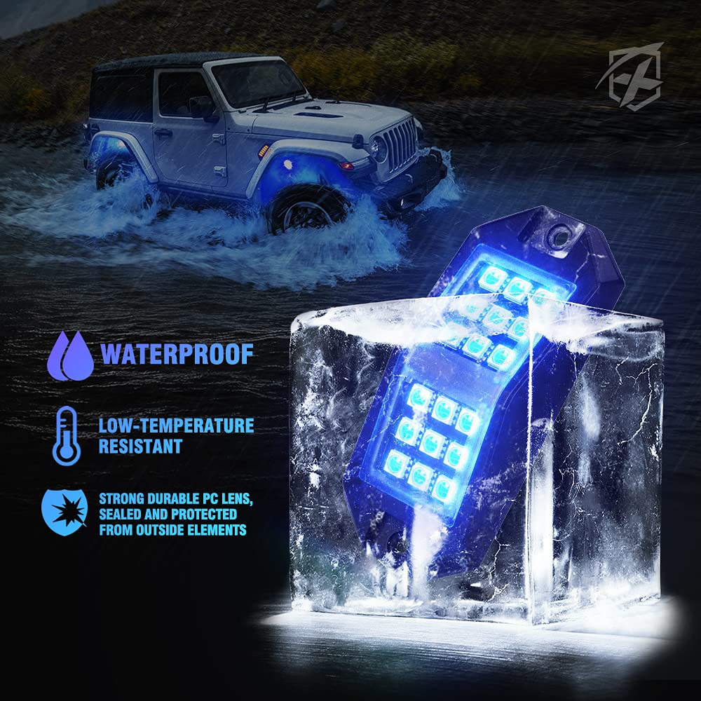 Xprite Wide Angle Bluetooth Rgb Led Rock Lights Kit, Multicolor Neon Lighting Footwell Underglow Kits W/Wireless Remote, Compati