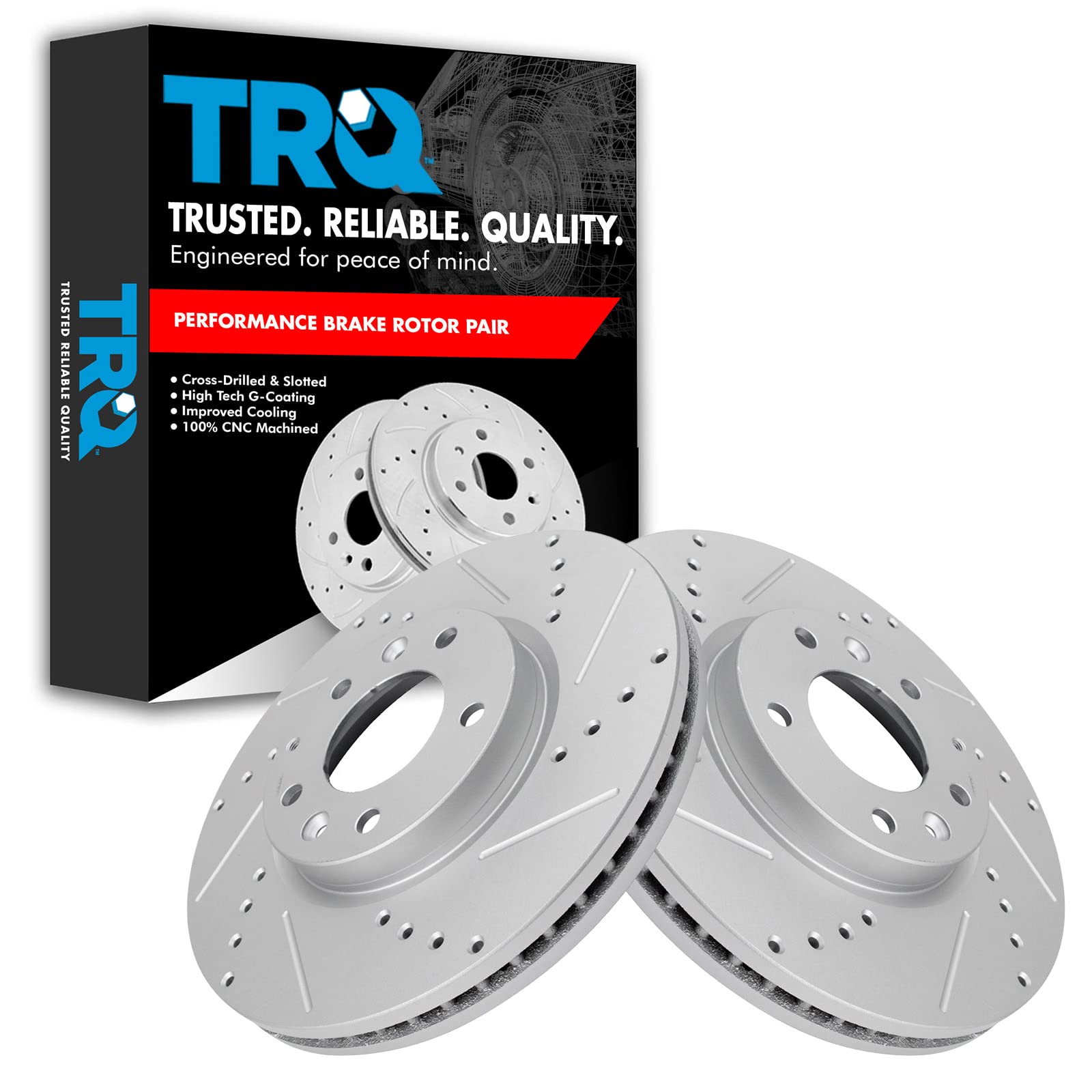 Trq Front Performance Brake Rotors Set Premium G-Coated Cross Drilled & Slotted Compatible With 2007-2012 Mazda Cx-7