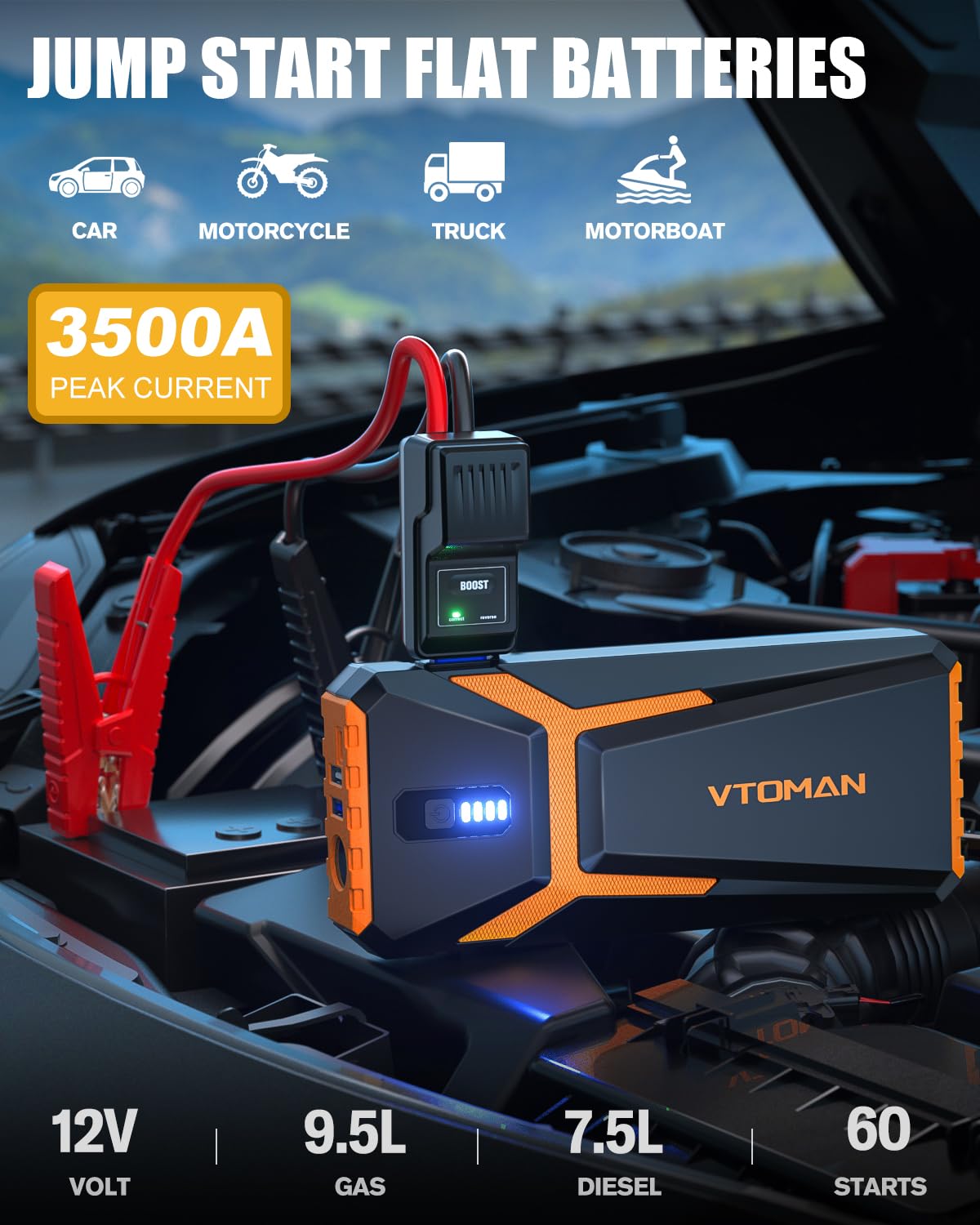 Vtoman V10 3500A Jump Starter, Portable Car Starter (9.5L Gas,7.5L Diesel Engine) 12V Lithium Jump Box, Auto Battery Booster Pow