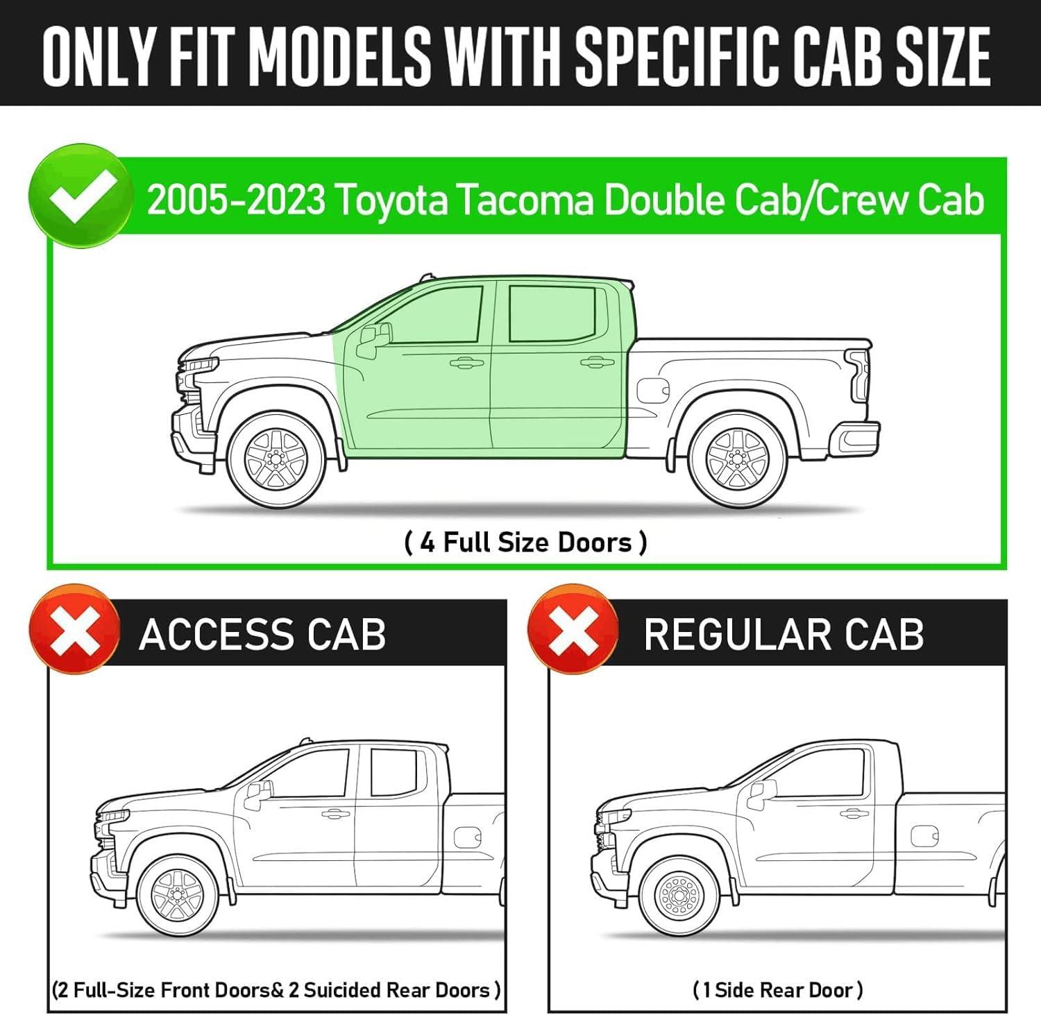 Smanow Running Boards Compatible With 2005-2023 Toyota Tacoma Double Cab With 4 Full-Size Doors, Black Taocma Side Steps And Tac
