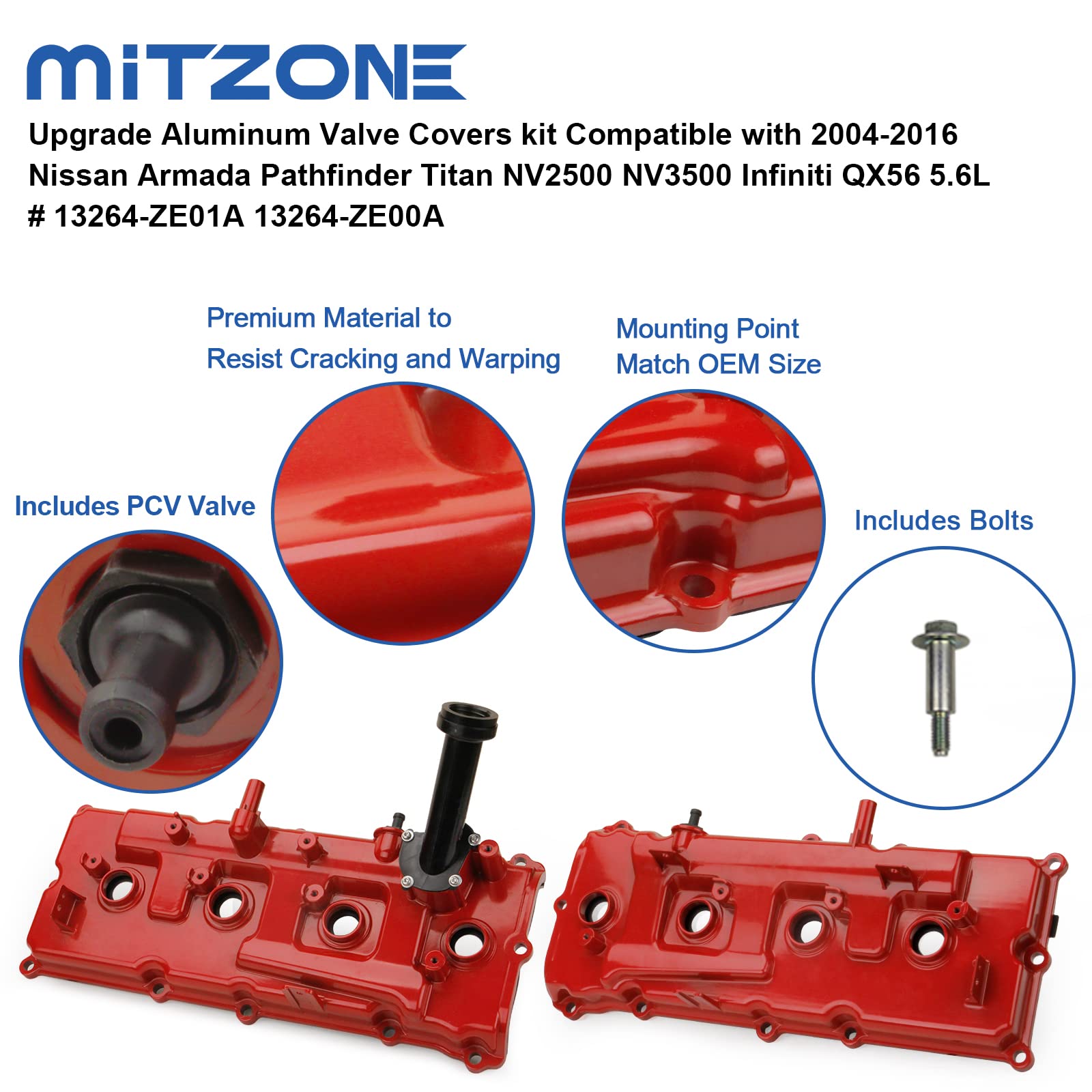 Mitzone Upgrade Aluminum Valve Covers Kit Compatible With Nissan Armada Titan 2004-2016 Pathfinder 2008-2012 Nv2500 Nv3500 2012-2017 Infiniti Qx56 2004-2010 V8 5.6L # 13264-Ze01A 13264-Ze00A (Red)