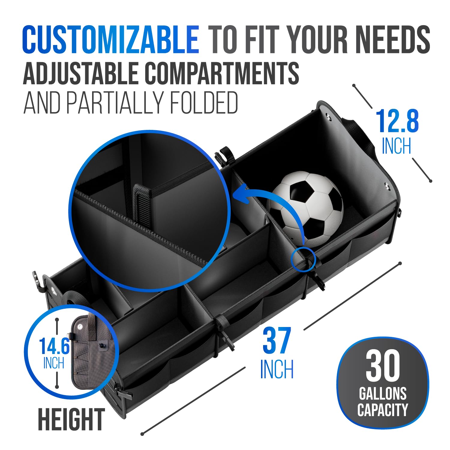 Car Trunk Organizer - Large Collapsible Storage Box With Adjustable Compartments - Heavy-Duty Cargo Organizer For Suv, Truck & C