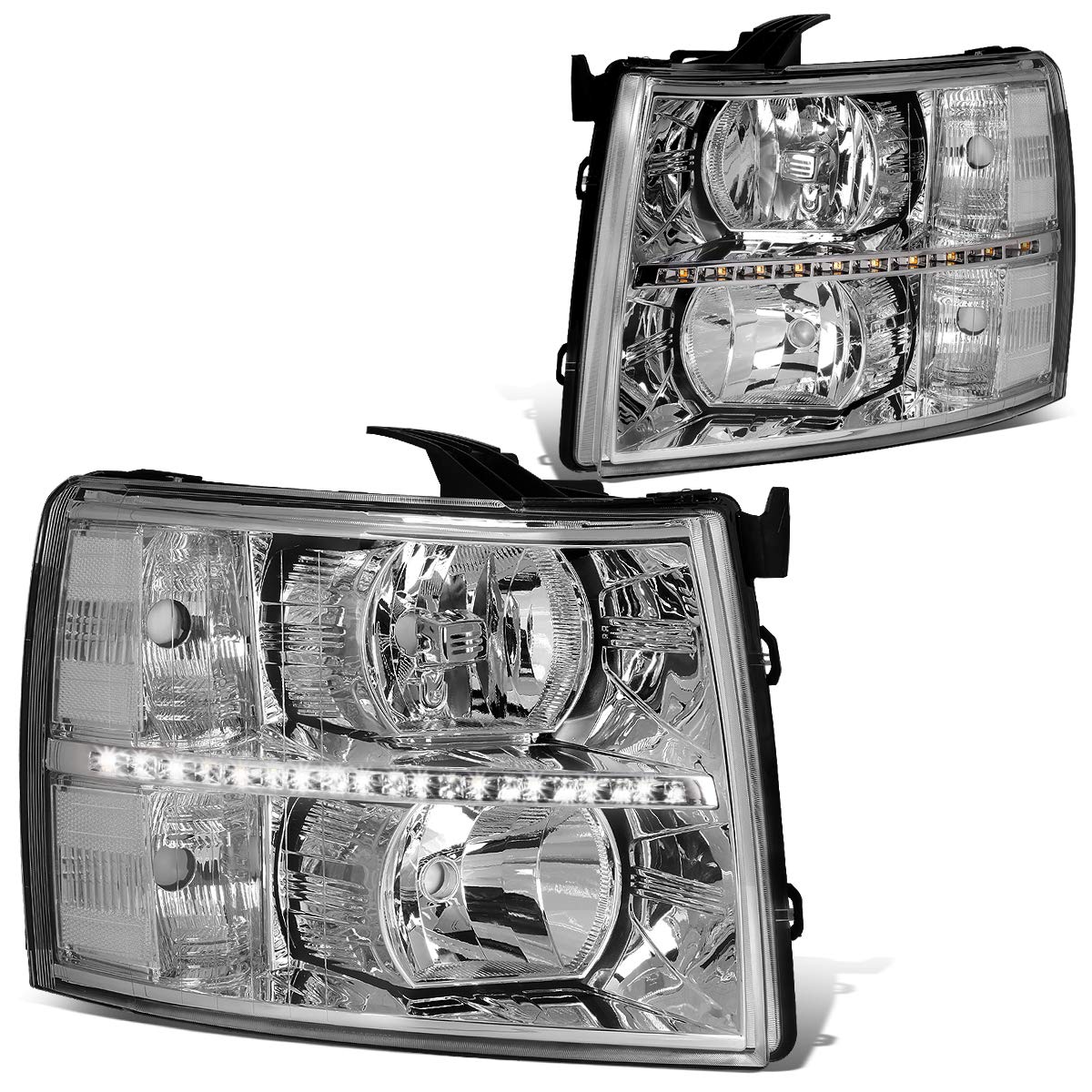 Dna Motoring Pair Led Drl Headlights Compatible With 07-13 Chevy Silverado 1500 07-14 Silverado 2500 3500 Hd, Chrome/Clear, Hl-L