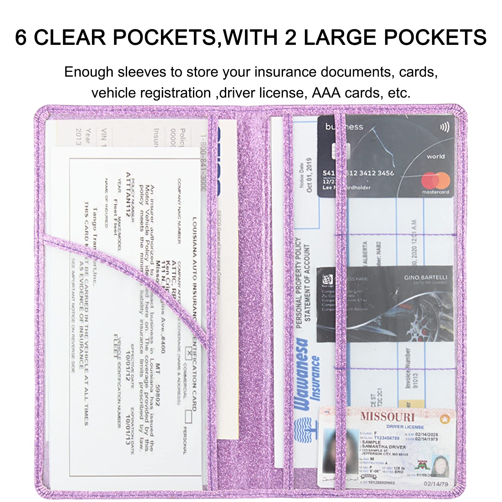 Car Registration And Insurance Holder, Premium Bling Leather Insurance And Registration Holder,Vehicle Glove Box Car Organizer,Wallet Accessories Case With Magnetic Shut For Cards, Essential Document, Driver License (Purple)