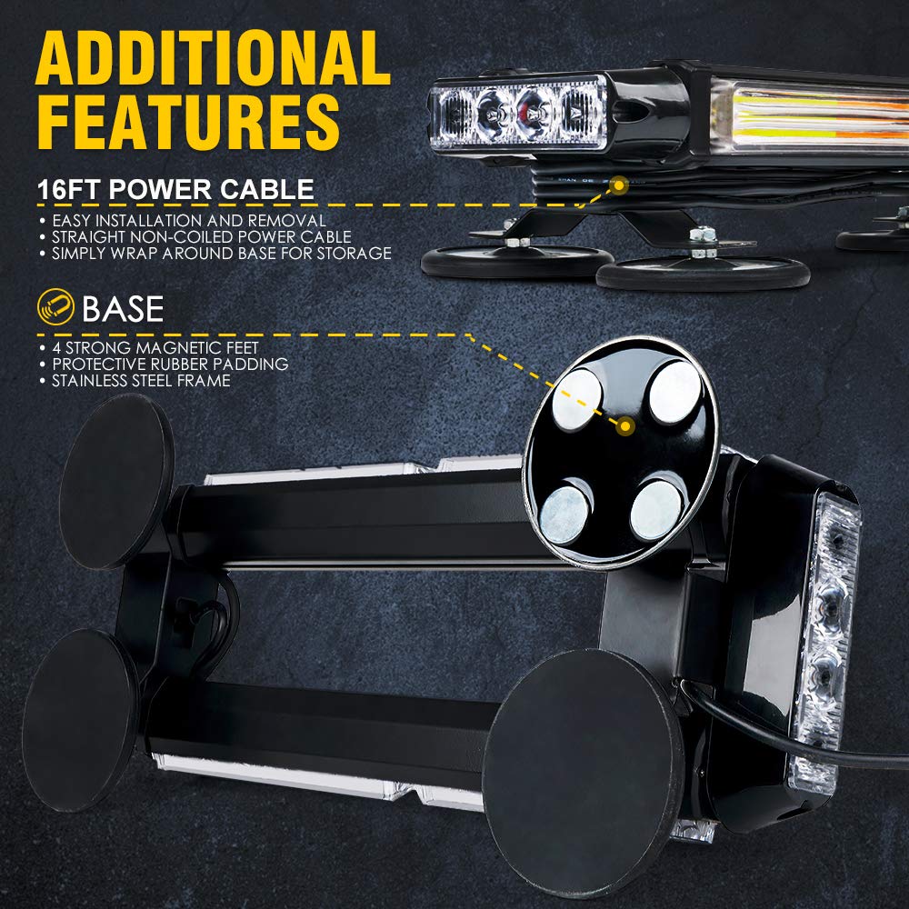 Xprite White Amber Cob Led Strobe Rooftop Flashing Light Bar Double Side Hazard Warning Beacon Lights W/Magnetic Base For Emergency Safety Vehicles Tow Trucks Cars Tractor Snowplow