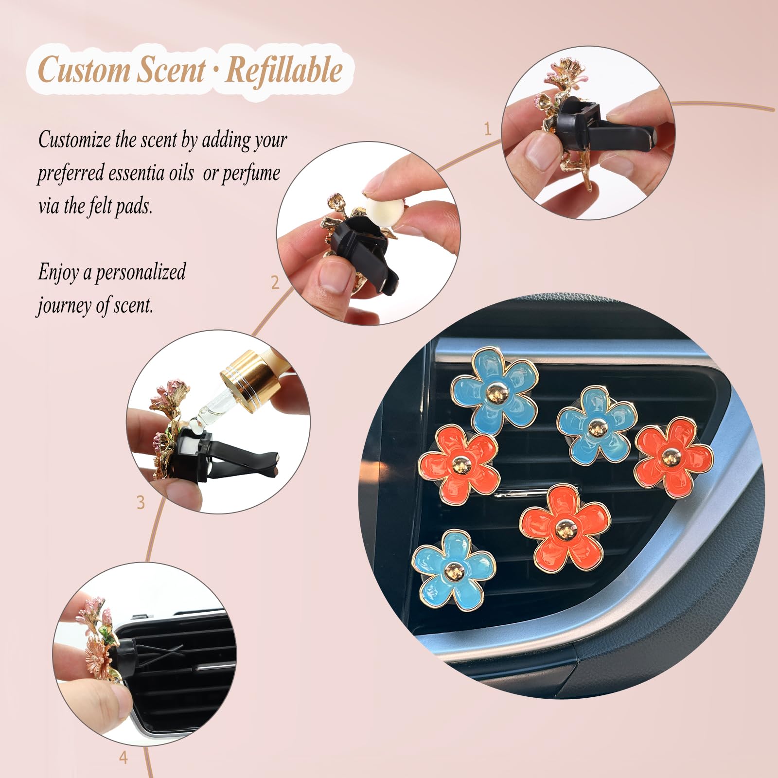 ORIESSE Flower Car Air Freshener Clips, 6pcs Refillable Diffuser Set, Blue Orange Daisy, 3.3cm/3cm, Car Accessories for Women