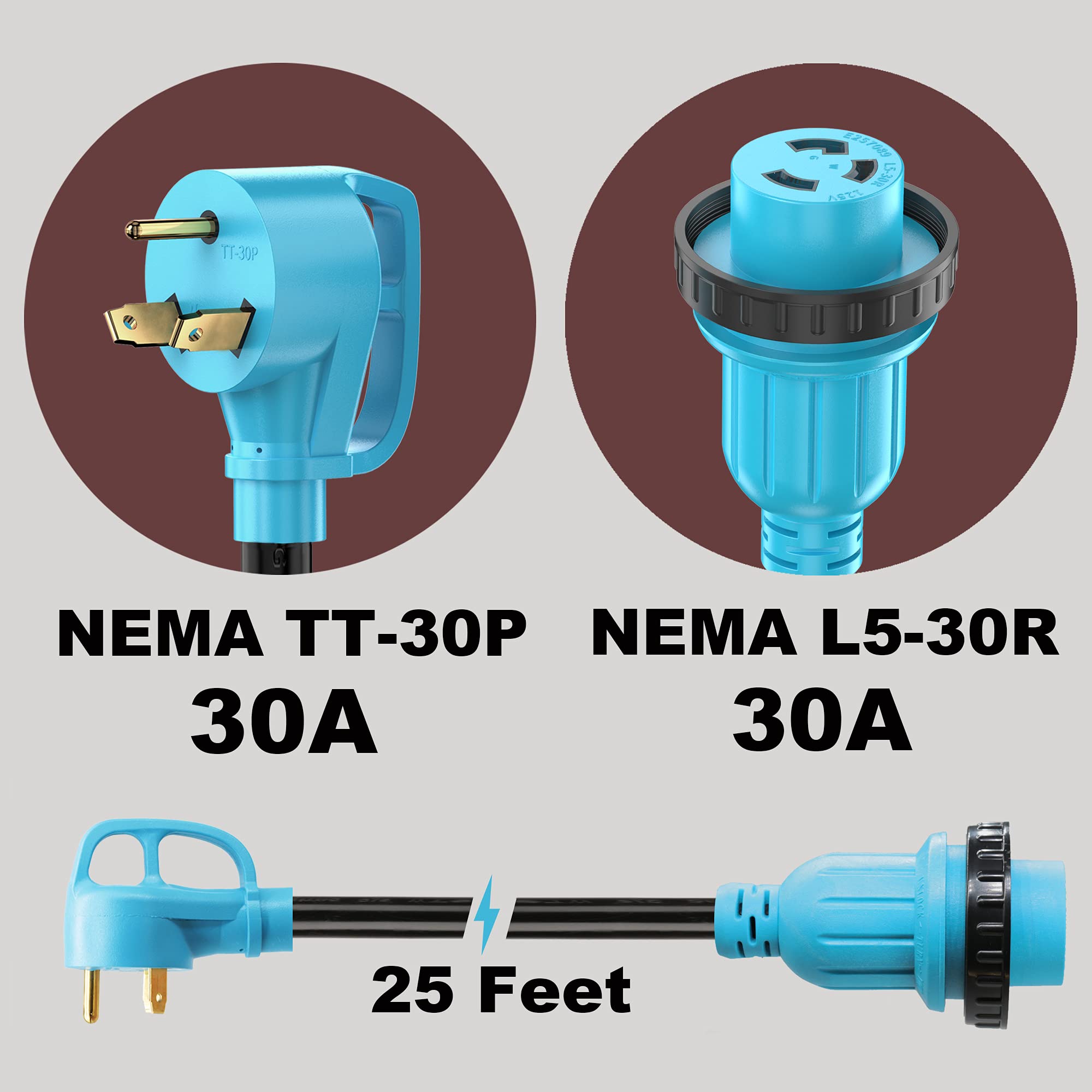 Circlecord 30 Amp 25 Feet Rv Power Cord Twist Locking, Heavy Duty 10 Gauge 3 Wire Stw Pure Copper Wire With Grip Handle, Tt-30P