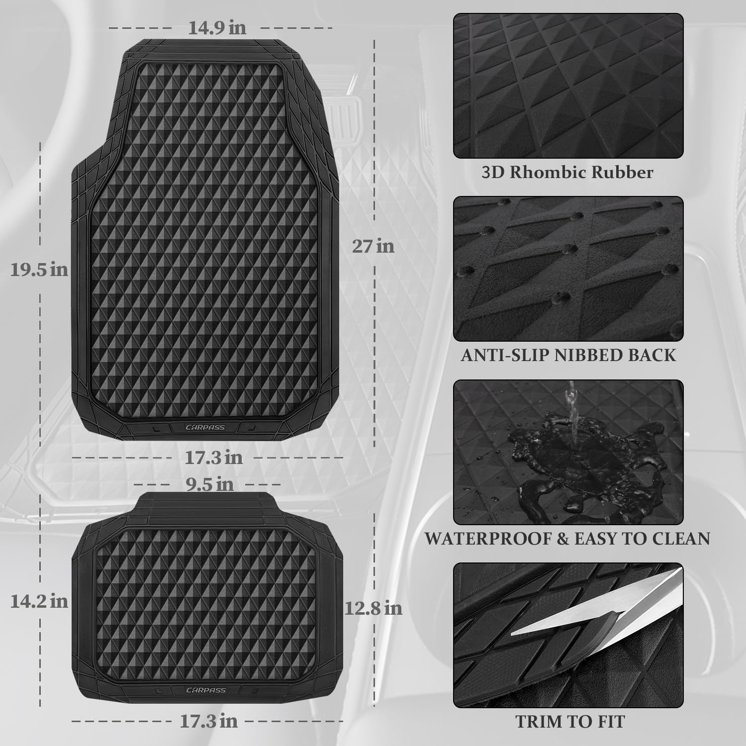 CAR PASS Black Rubber Car Mats, All-Weather Floor Mats Full Set Durable Anti-Slip 3D Rhombus Waterproof Automotive Pad Trim to F
