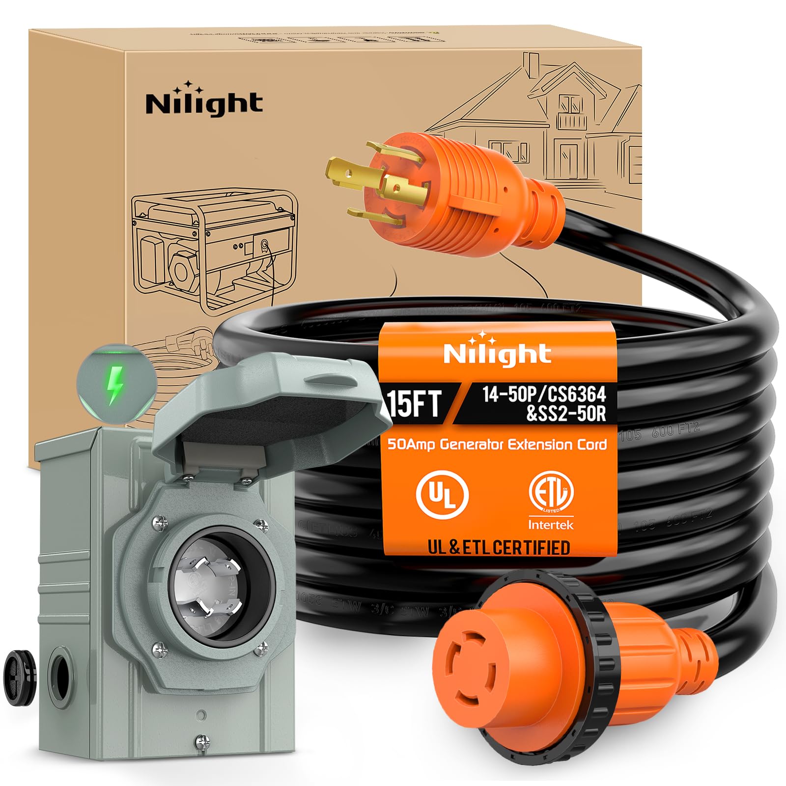 Nilight 30A 15Ft Generator Extension Cord Power Inlet Box With Locking Connector 125/250V 7500W 10 Gauge Stw Etl Listed 4 Prong