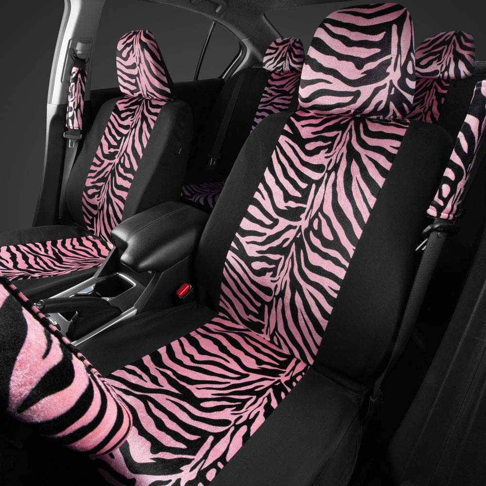Bdk Velvet Zebra Pink Car Seat Covers, Full Set With Seat Belt Pads & Steering Wheel Cover, Universal Fit