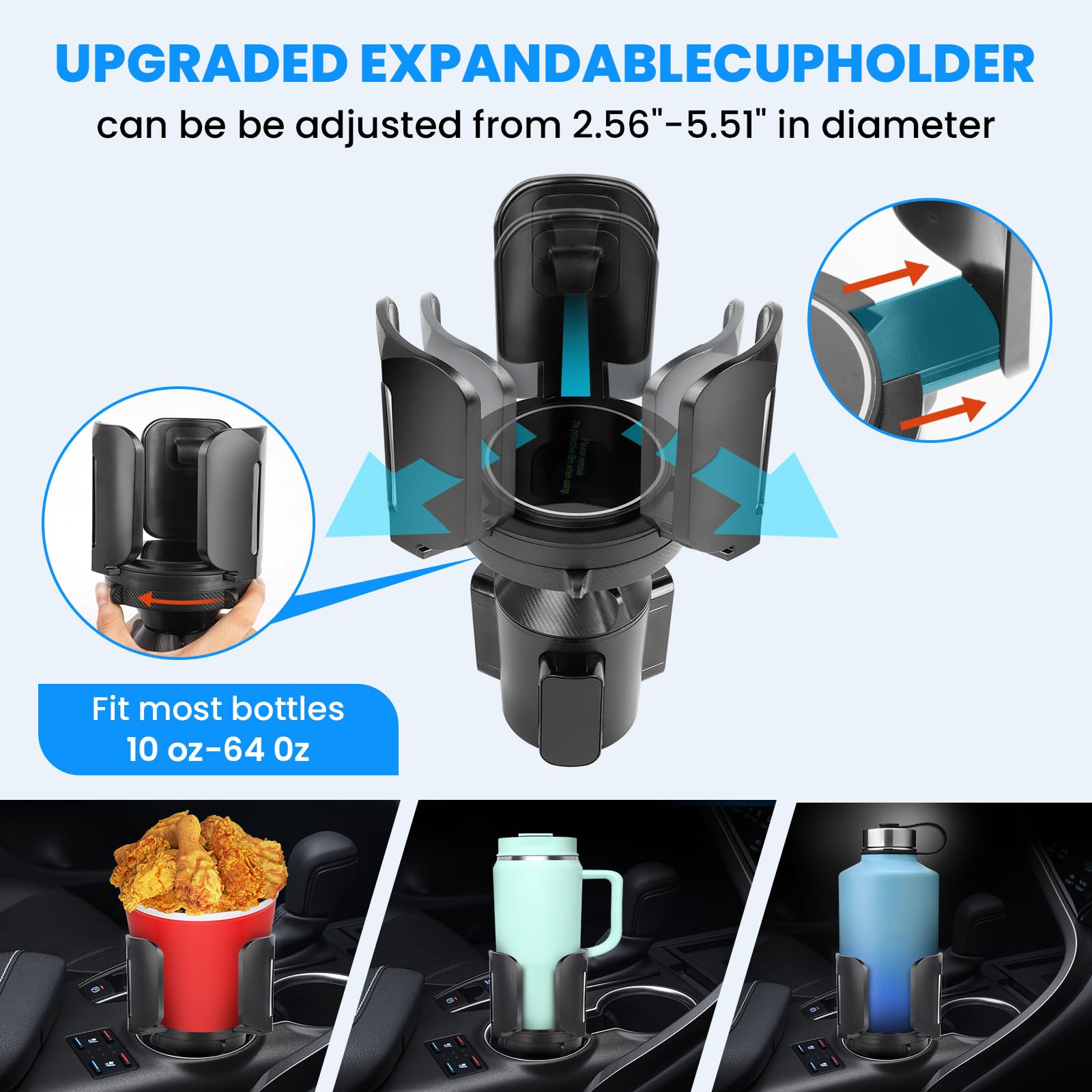Cup Holder Expander For Car With Adjustable Holder & Base, Compatible With 10 To 64 Oz Yeti Ramblers, Stanley, Hydro Flask, Nalg