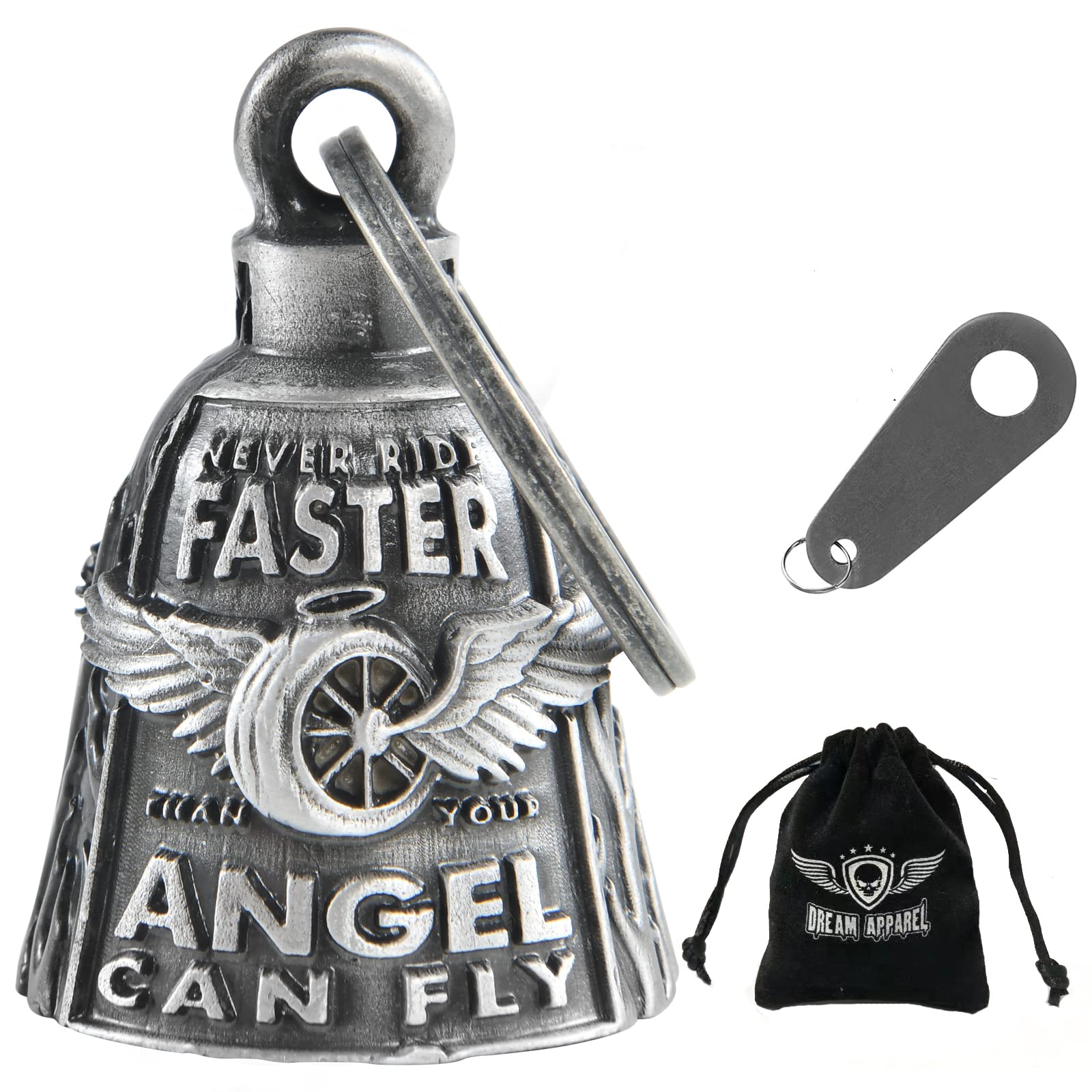 Motorcycle Bells For Bikers Guardian Angel Gremlin Bells For Motorcycle Rider Key Chain For Luck (Never Rider Faster Than Your A