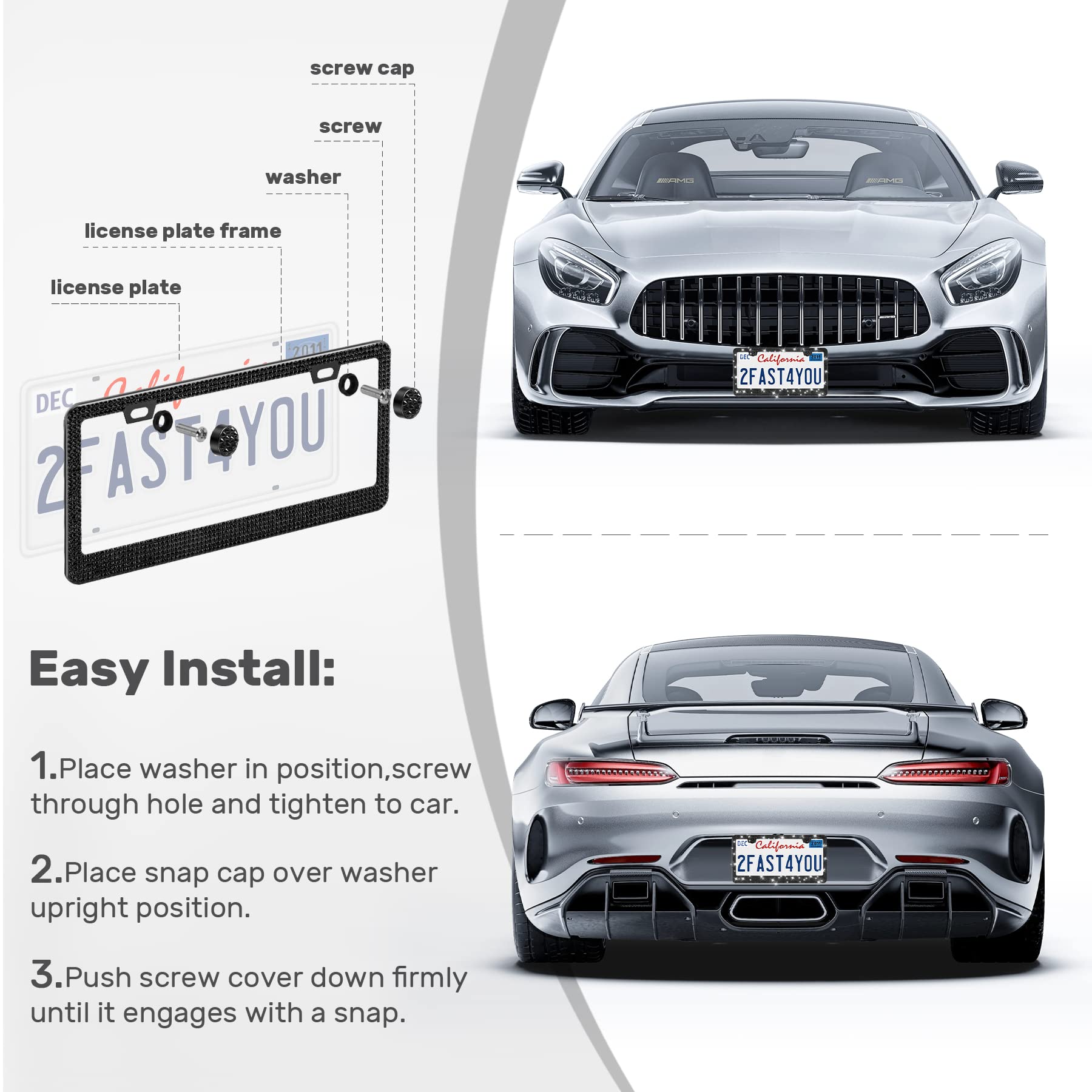 Quanqiufei 1 Pack Bling License Plate Frames, Sparkly Rhinestone Diamond Car License Plate Cover For Women, Stainless Steel Car