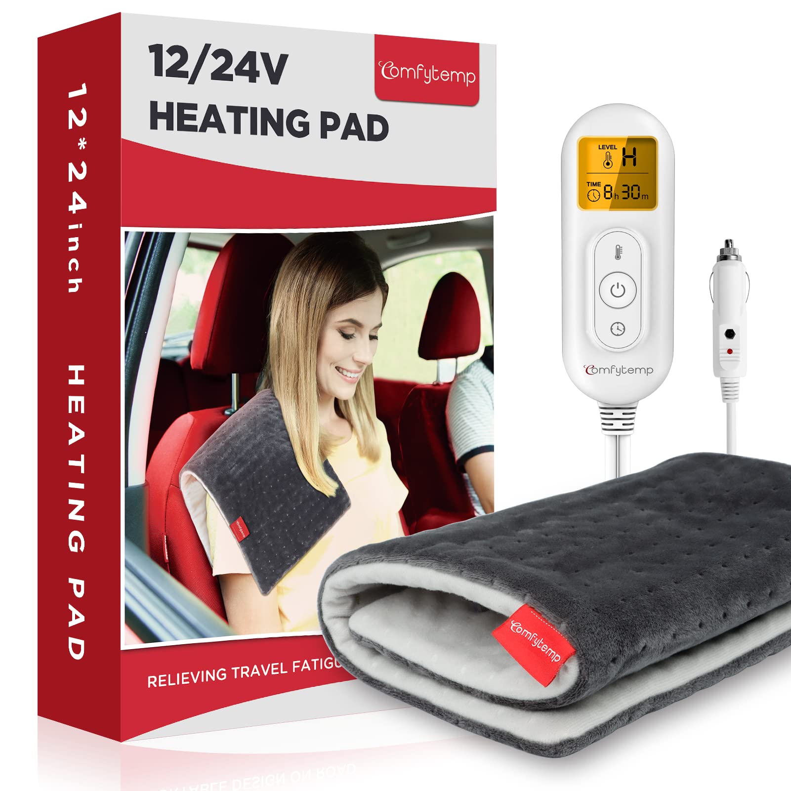 12V/24V Car Electric Blanket For Back Pain Relief, Comfytemp Travel Blanket With 6 Heat Setting, 5 Auto-Off, Portable Mini Blanket For Back Pain, Shoulders And Cramps Relief, 12X 24 Washable