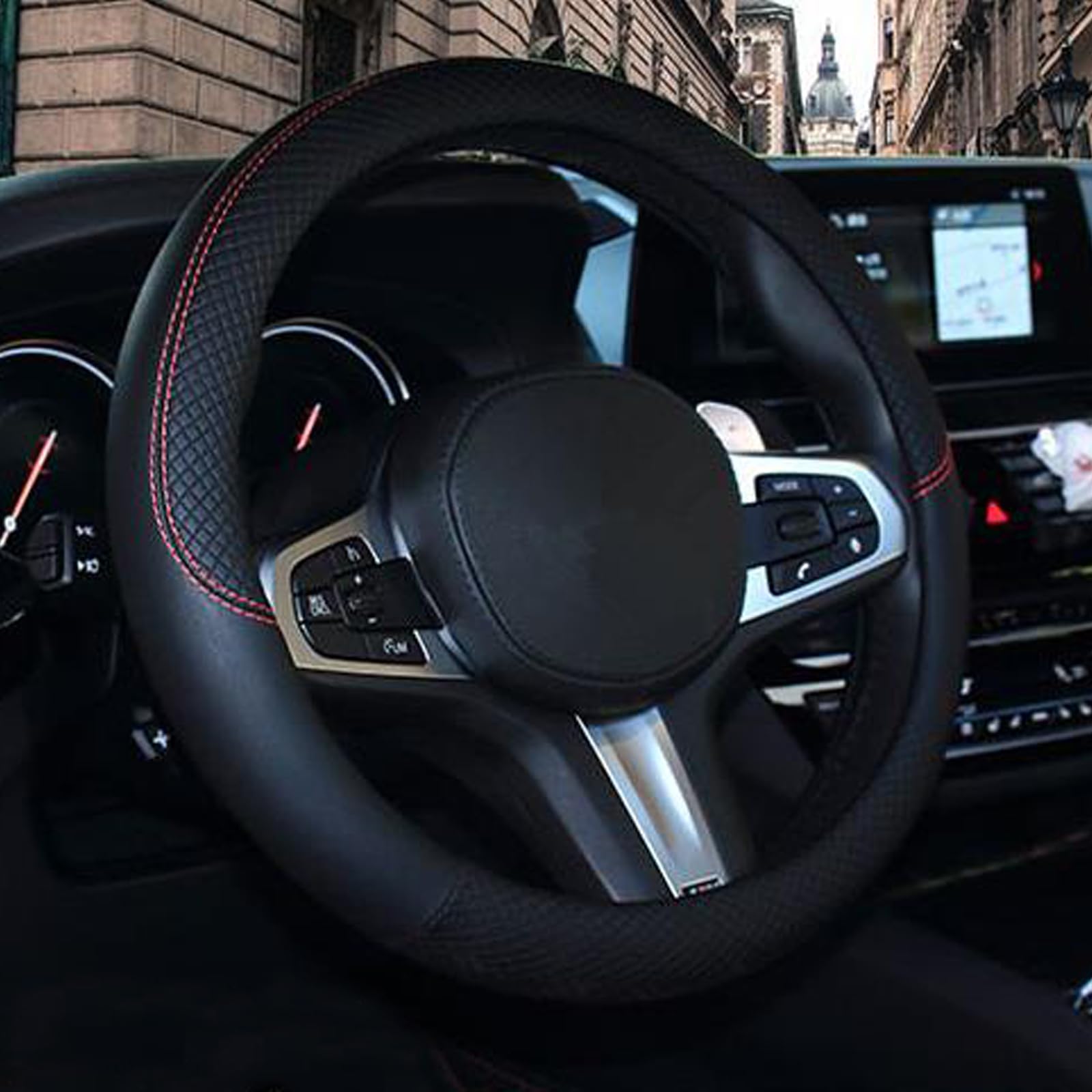 Shiawasena Car Steering Wheel Cover, Leather, Universal 15 Inch Fit, Anti-Slip & Odor-Free (Black&Purple)