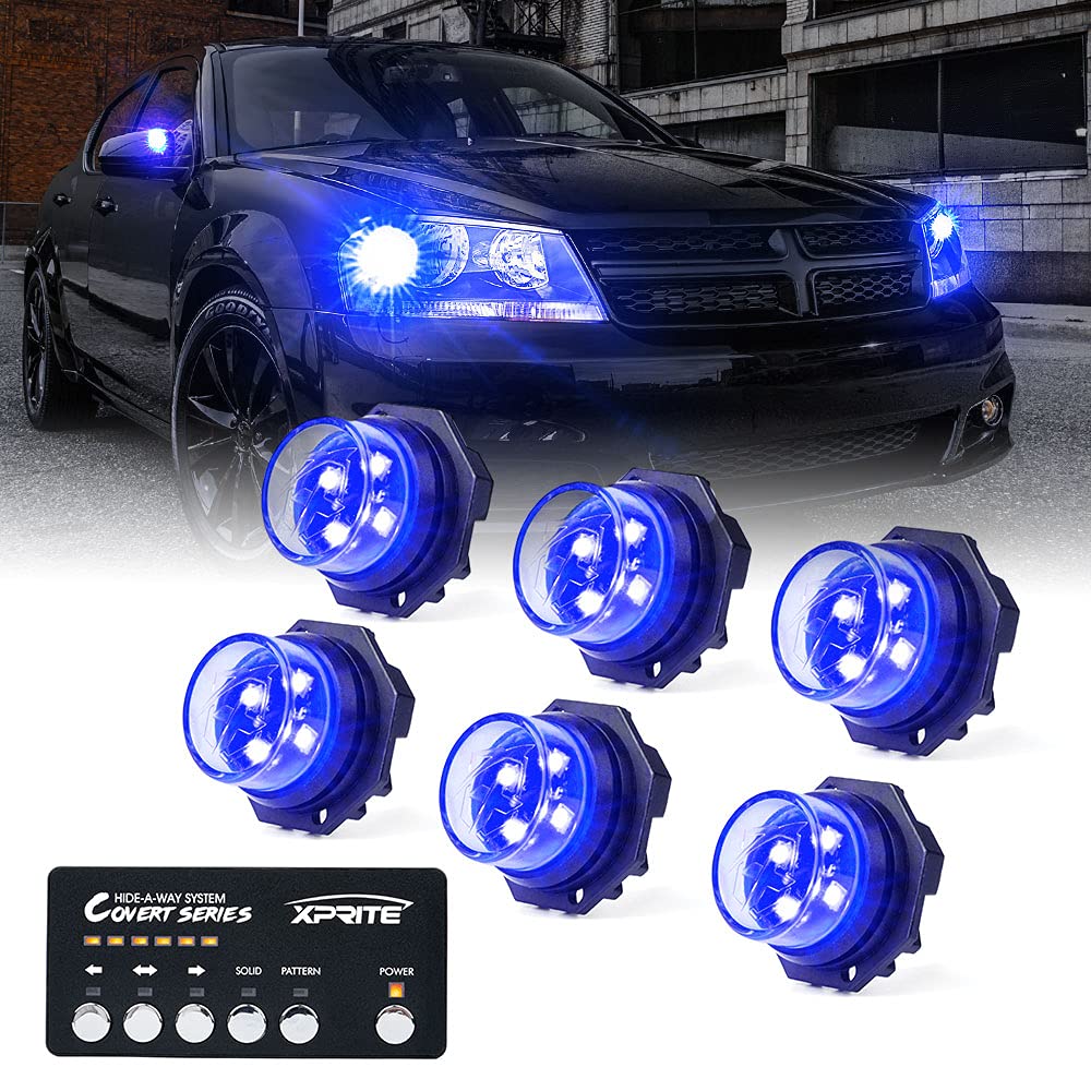 Xprite Blue Led Hideaway Strobe Police Lights Kit, 20 Flashing W/Control Panel Headlights Taillights Mounting, Hazard Warning Fo