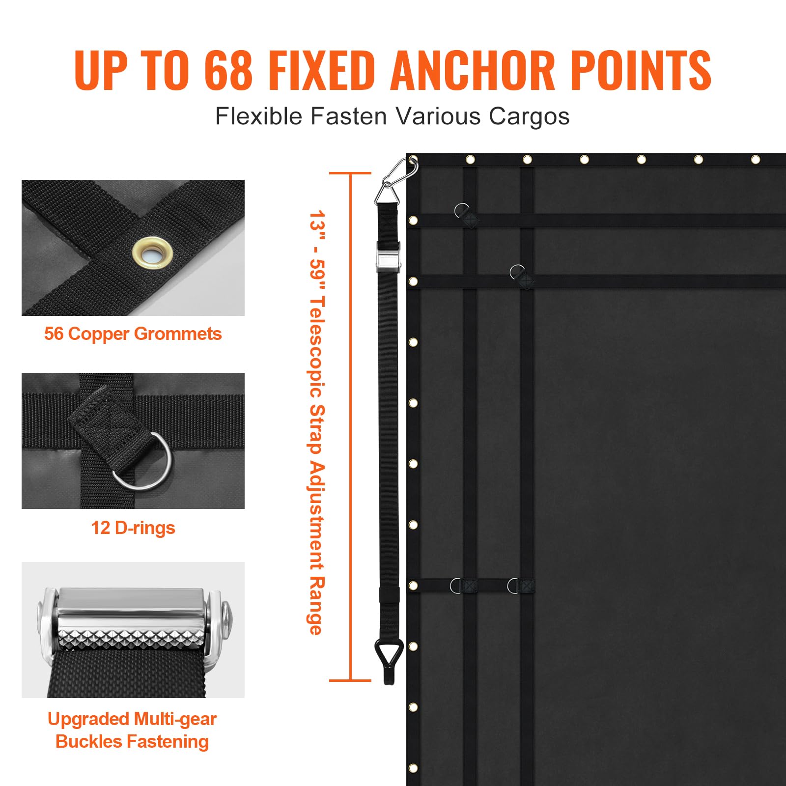 VEVOR Waterproof Cargo Net, 120 in x 105 in, Heavy Duty Truck Cargo Net-(WLL) 700lbs, 4 Adjustable Straps with Carabiners & S-Ho