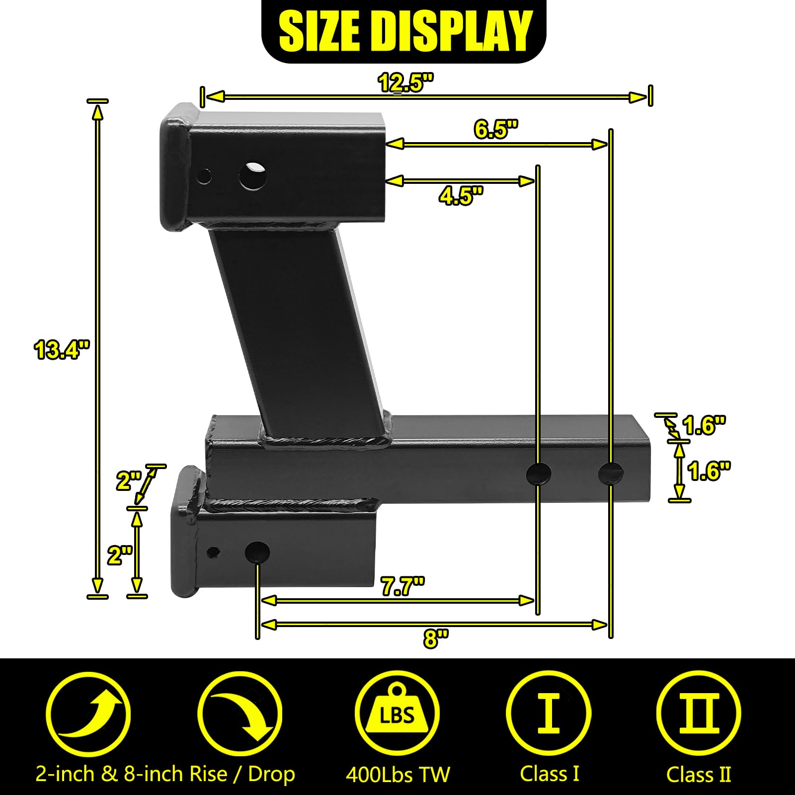 Kairay Trailer Dual Hitch Extender Adapter With 2-Inch & 8-Inch Riser/Drop, Fit For 2'' Receiver, 2-Inch Solid Shank, 10000Lbs T