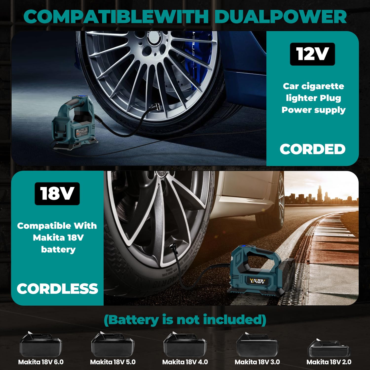 YAWV Cordless Tire Inflator Air Compressor, 160PSI, Handheld, Blue, Model YA-AC-02, LED Light, Digital Pressure Gauge, Battery Not Included