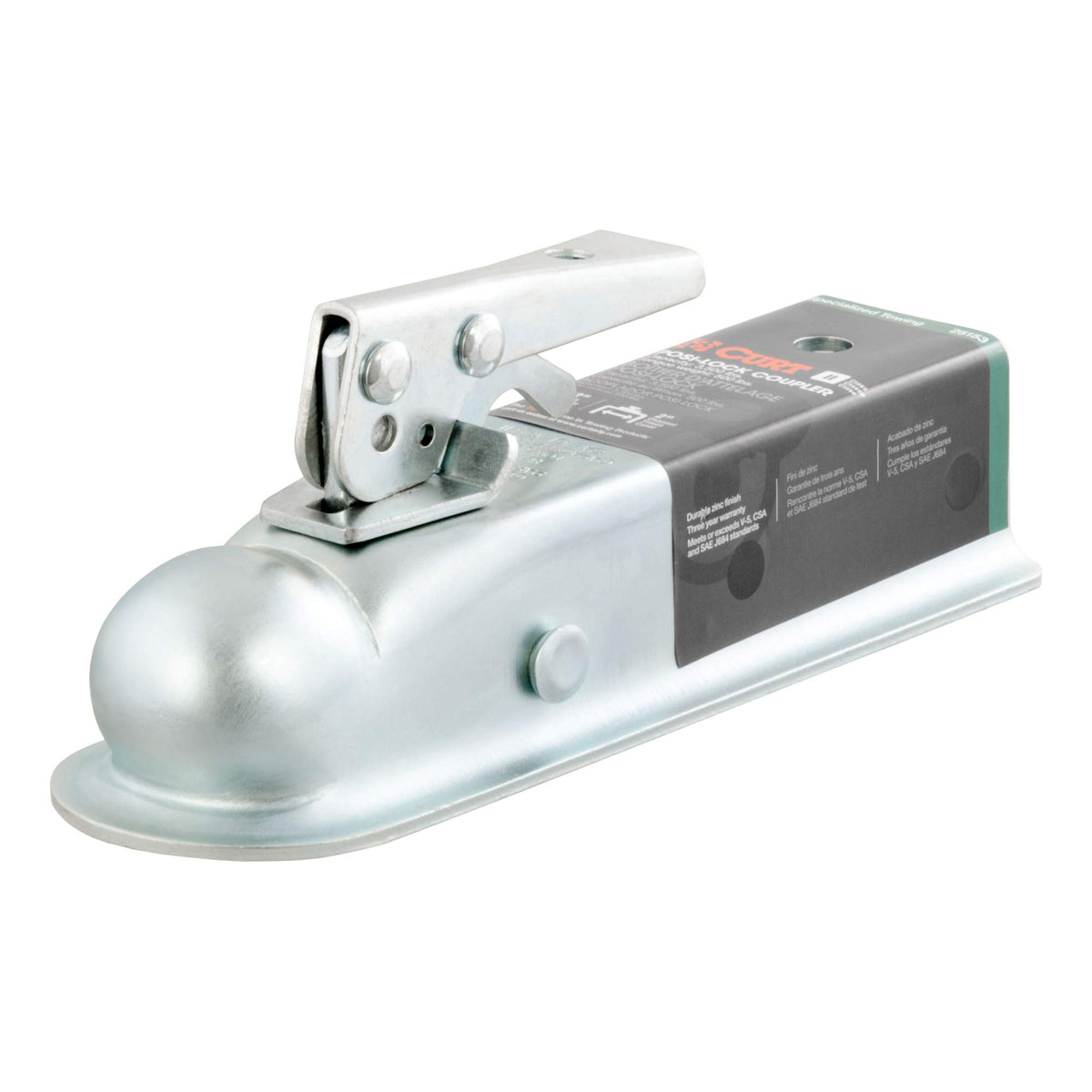 Curt 25153 Straight Tongue Trailer Coupler For 2-Inch Channel, 2-In Hitch Ball, 3,500 Lbs, Clear Zinc