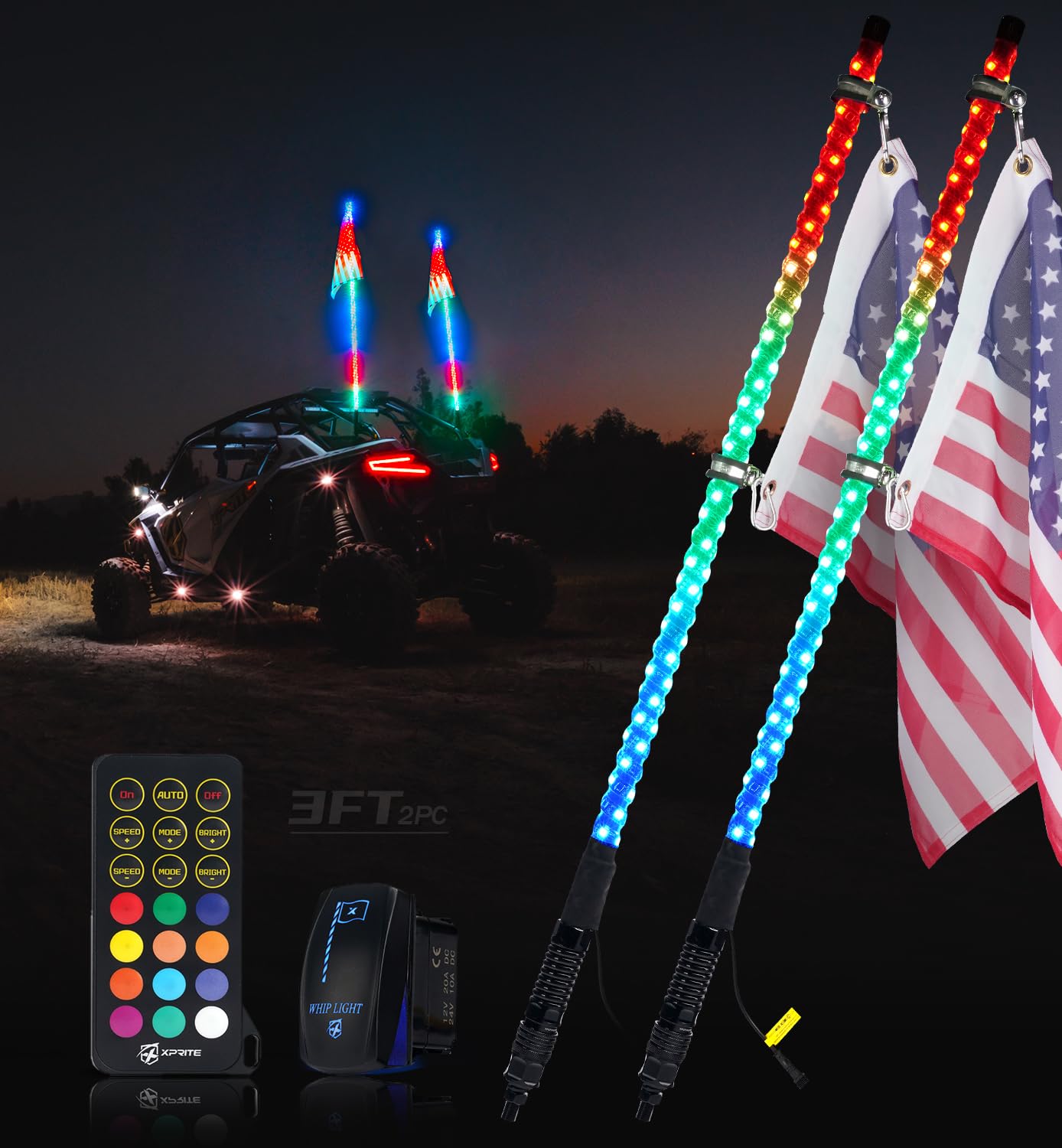Xprite 2PC 3FT Spiral RGB LED Whip Light with Built-in Spring Base, Remote Control & Rocker Switch DIY Chasing Antenna Lighted W