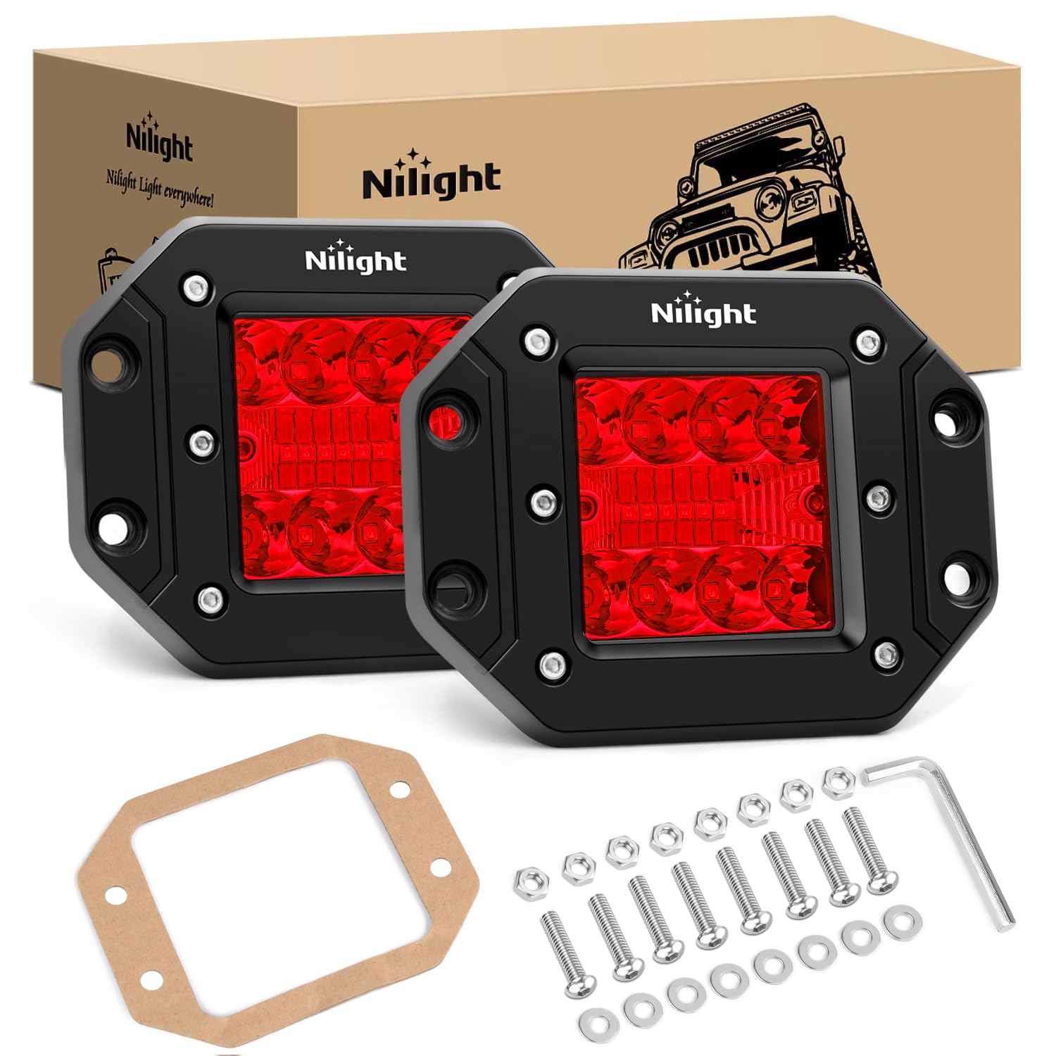 Nilight Flush Mount Led Light Pods 2 Pcs 42 W Red Upgraded Spot Flood Combo Bumper Driving Fog Fishing Hunting Emergency Safety