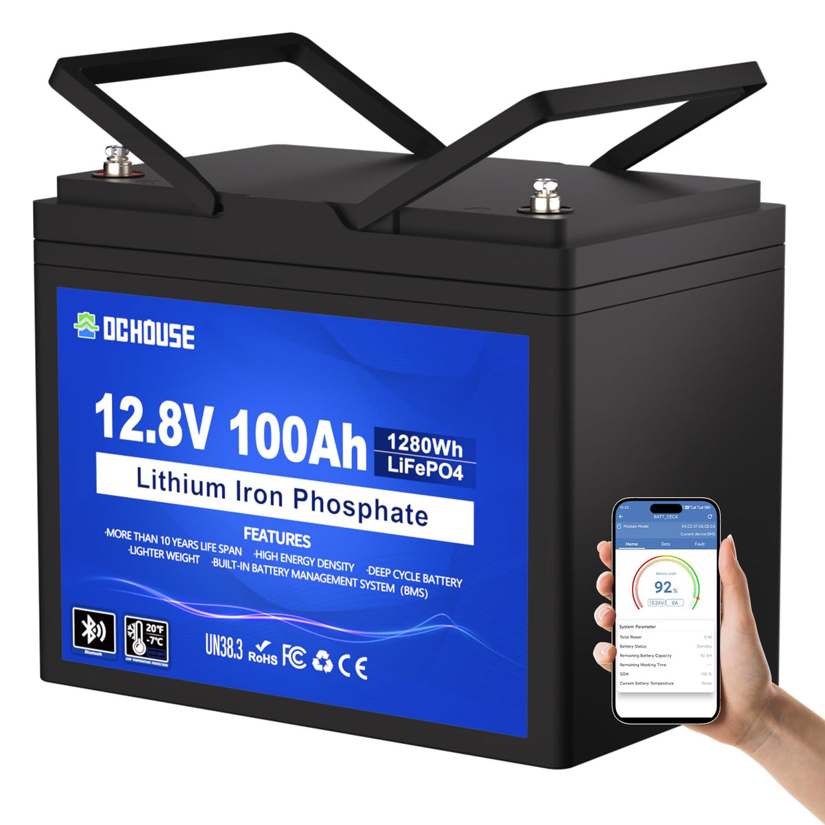 DC HOUSE 12V 100Ah LiFePO4 Lithium Battery, Bluetooth & Low Temp Cut-Off, Group 31 Lithium Battery, Up to 15000 Cycles, 100A BMS