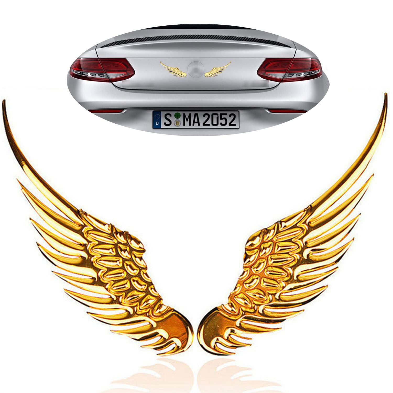 Jeseny 2 Pieces Car 3D Angel Wings Badges Decals, Car Big Wings Metal Stereo Sticker, 4.9In Safety Warning Anti-Collision Reflective Decorative Stickers, Car/Motorcycle Universal Accessories (Golden)