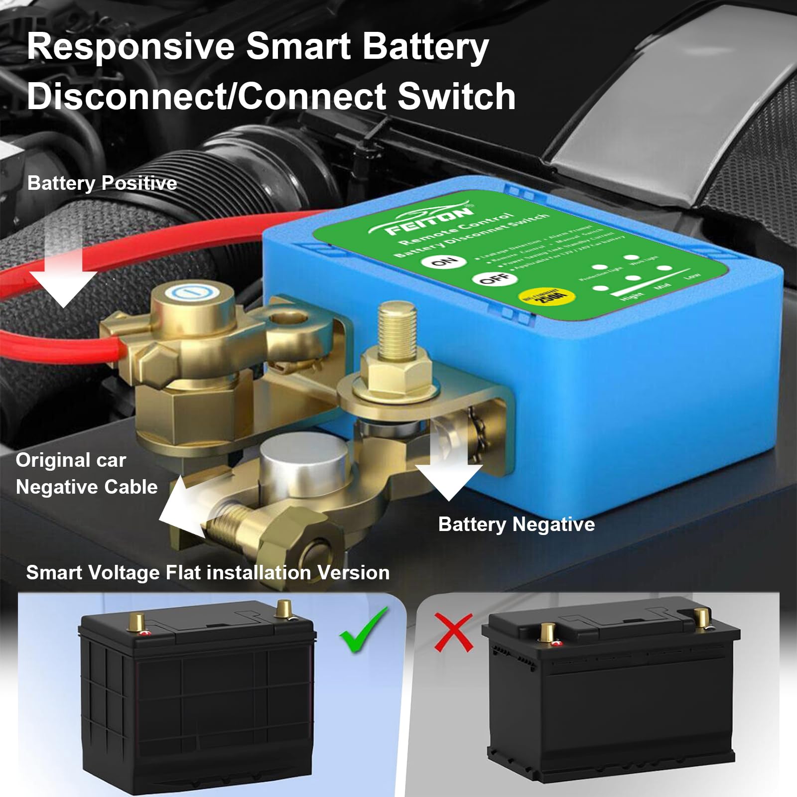 Feiton 250A Intelligent Remote Battery Disconnect Switch, Battery Cut Off Switch 12V 24V Dc, Heavy Duty For Car Rv Truck (1000A