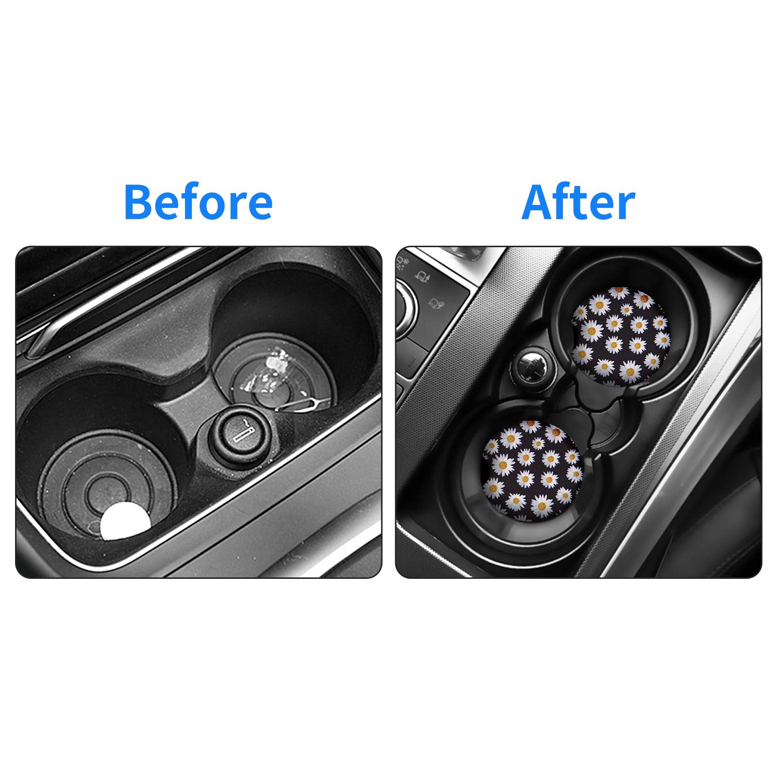 tifanso Car Cup Drink Holder Coaster, 2 Pack Car Coasters for Cup Holders, Cute Vehicle Accessories for Women and Girl (Daisy)