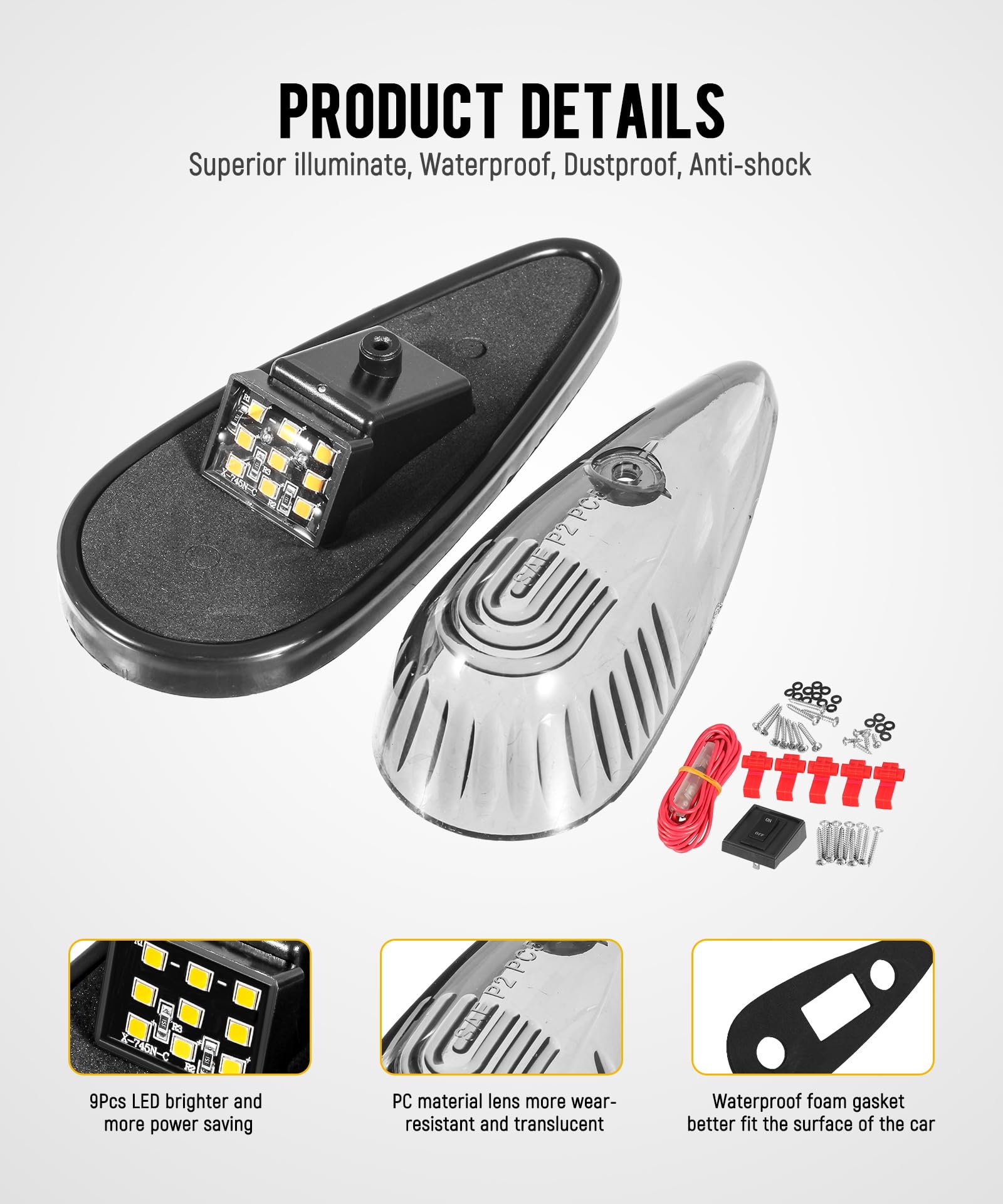 Partsam 5Pcs Front Rear Smoke Lens Teardrop Cab Light 9Led Amber Cab Marker Light Top Clearance Roof Running Light With Wiring P