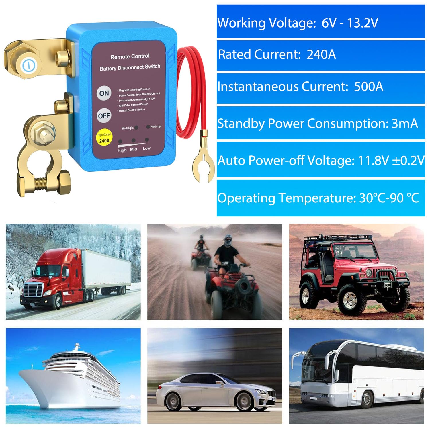 Cllena Remote Battery Disconnect Switch 12V 240A Battery Kill Switch For Car Anti Theft Automatic Cut/Shut Off Battery Switch Fo