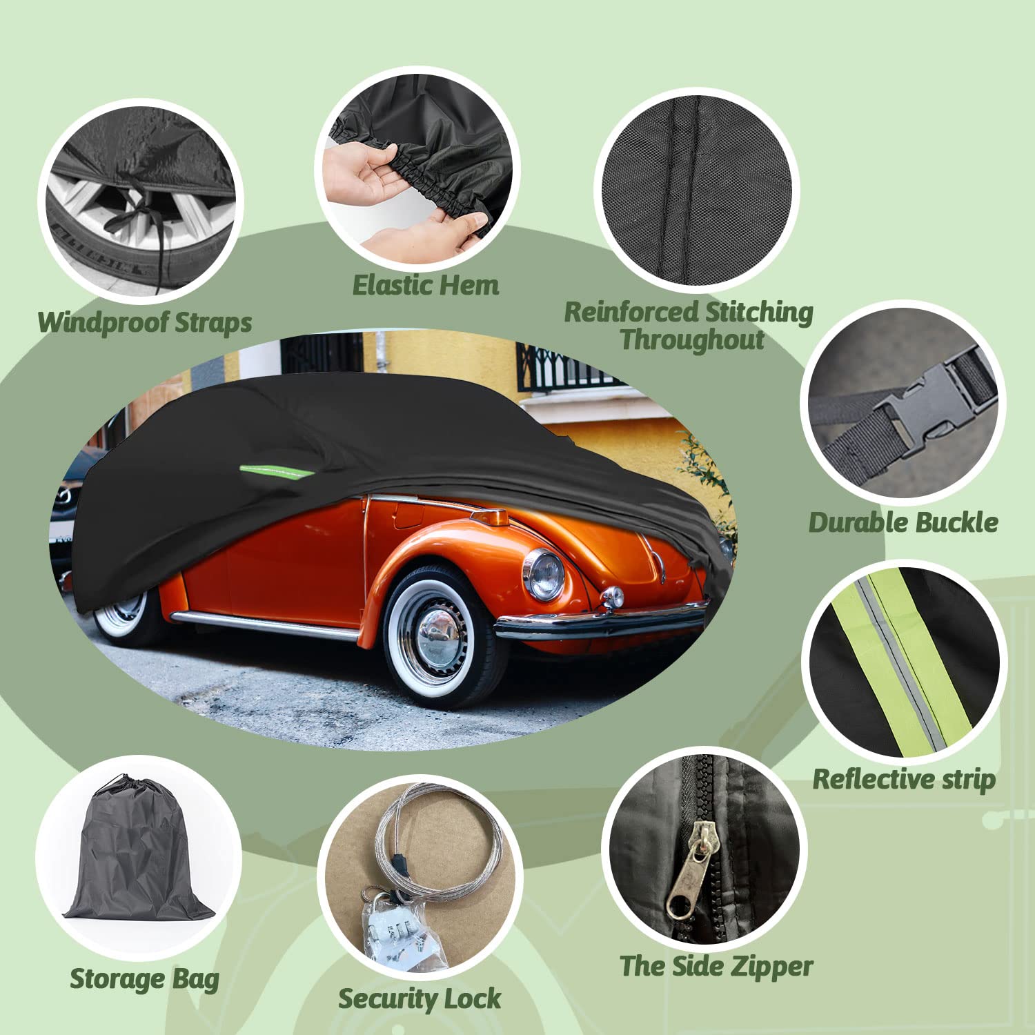 Car Covers For 1960-1980 Beetle Bug Sedan 2-Door, Waterproof All Weather Beetle Full Car Cover 210T Custom-Fit Outdoor Windproof