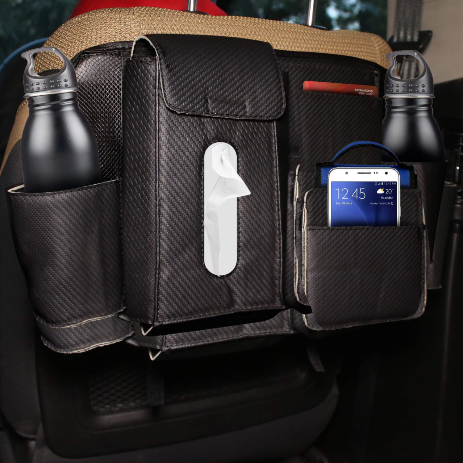 Allextreme Excbhb2 Universal Pu Leather Auto Car Seat Back Storage Deluxe Organizer Bag With Tissue Holder, Mobile & Bottle Drin
