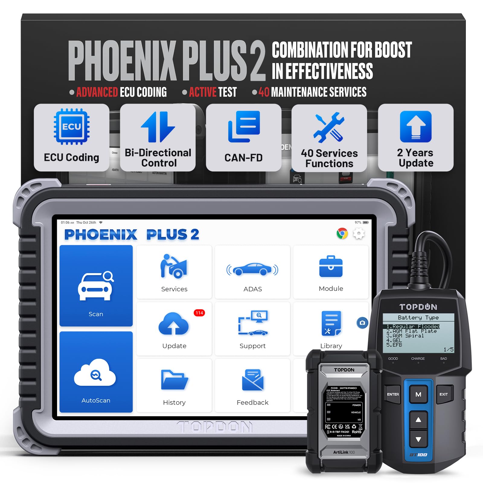 TOPDON Phoenix Plus 2 Bidirectional Scan Tool with Battery Tester, 2 Years Free Update, OE-Level Full Diagnosis, Topology Scanne