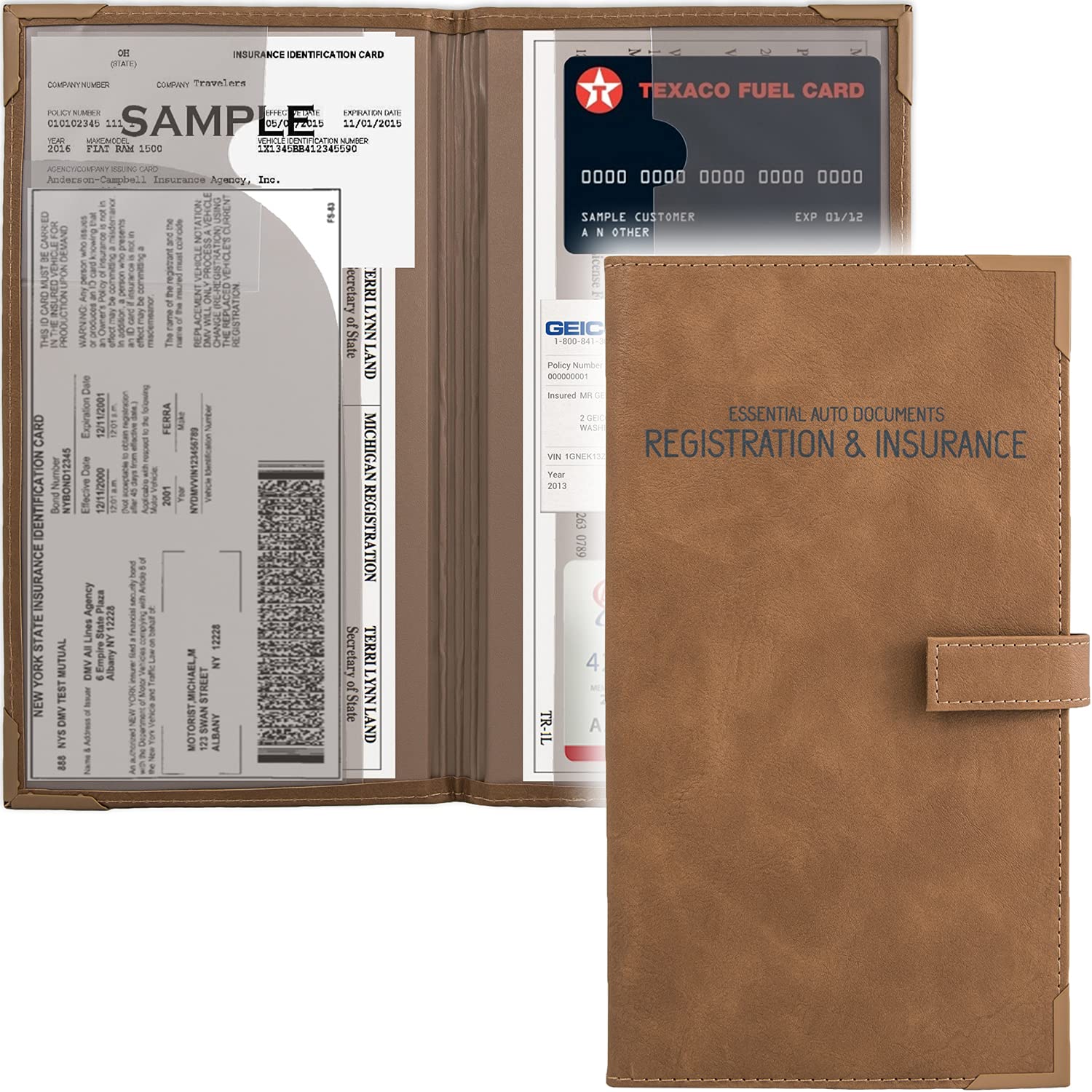 Auto Insurance And Registration Card Holder - Vehicle Glove Box Document Organizer - Car Essential Paperwork Holder For Dmv, Aaa, Contact Information Cards - Premium Pu Leather Wallet Case - Brown