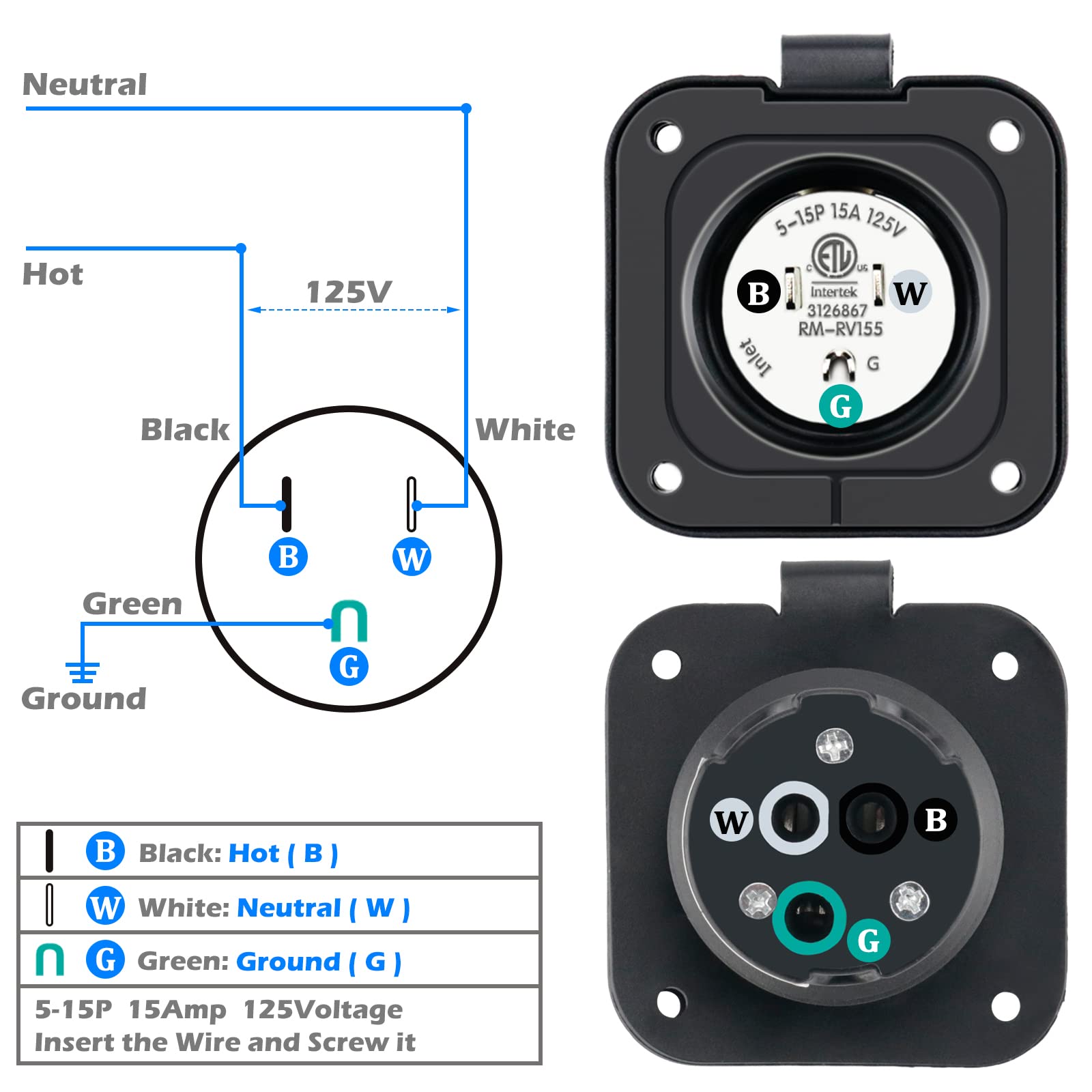 EilxMag 15 Amp 125V AC Power Inlet Port Plug Flanged Inlet NEMA 5-15P RV Power Outlet with Integrated Dual 24'' Cord ETL Approve