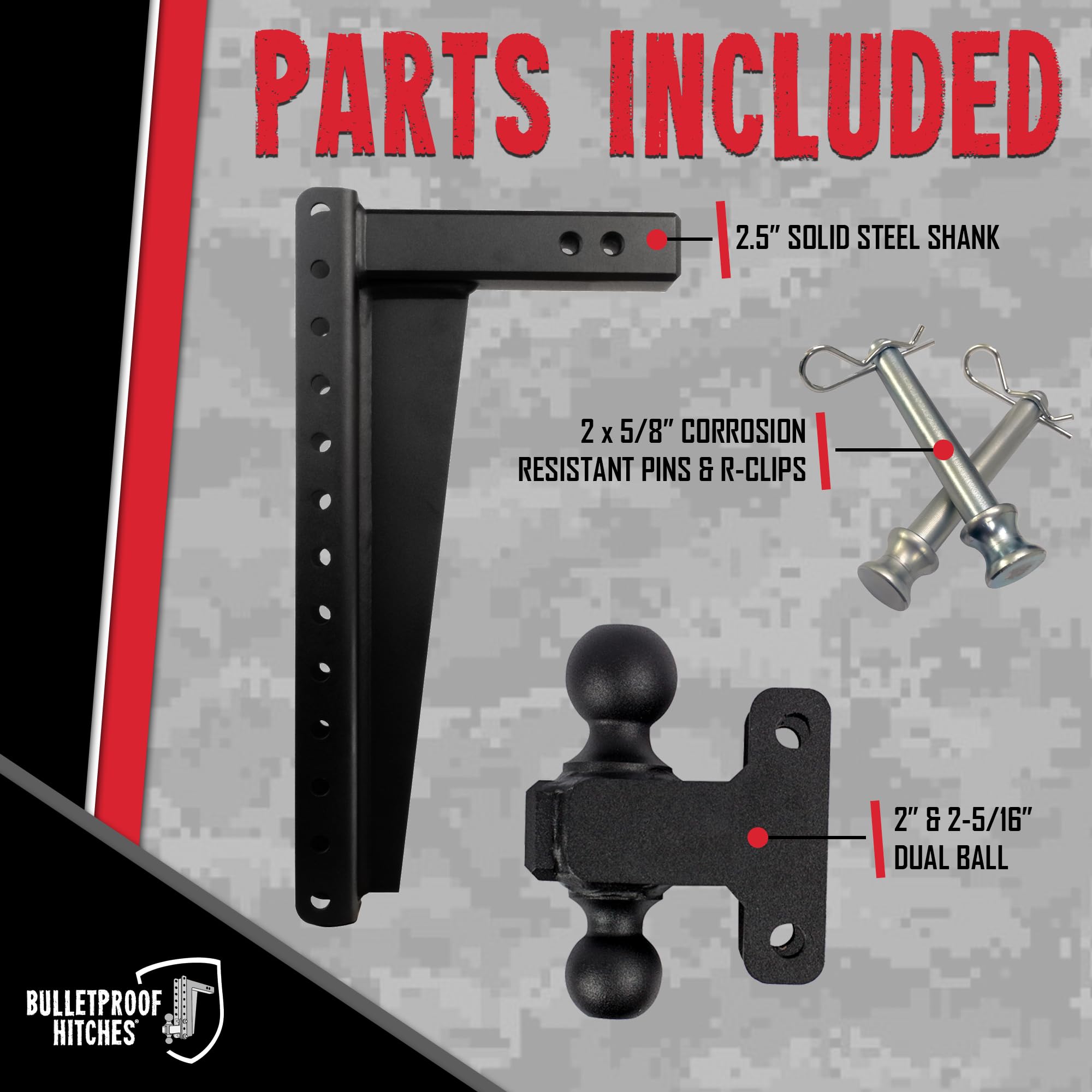 Bulletproof Hitches - 2.5'' Adjustable Heavy Duty Trailer Hitch (22,000 Lb. Rating) - 20'' Drop/Rise Trailer Hitch With 2'' & 2-