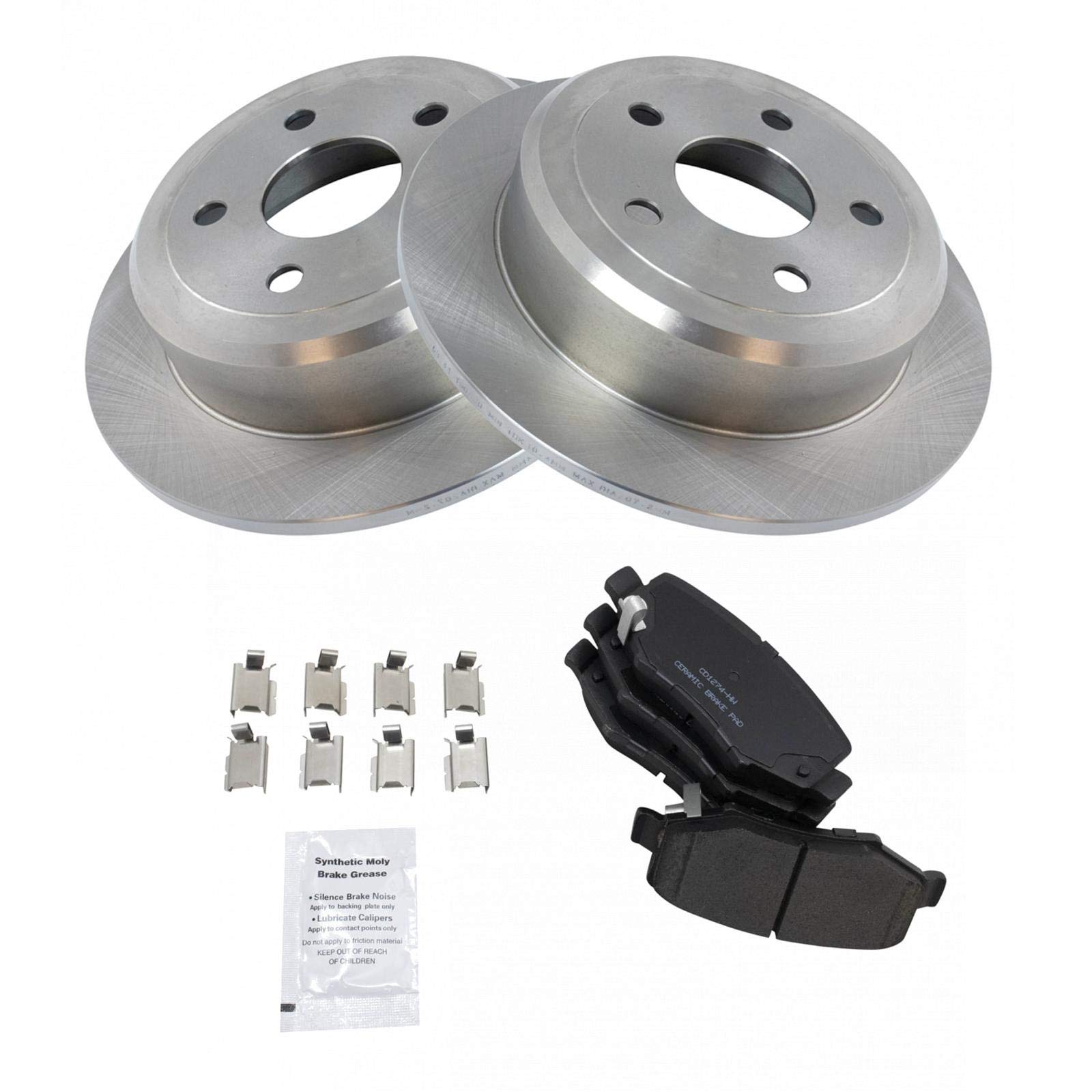 TRQ Rear Brake Pad & Rotor Kit Brake Pads Brake Rotor Ceramic Compatible with 2007-2017 Jeep Wrangler 2018 Wrangler JK