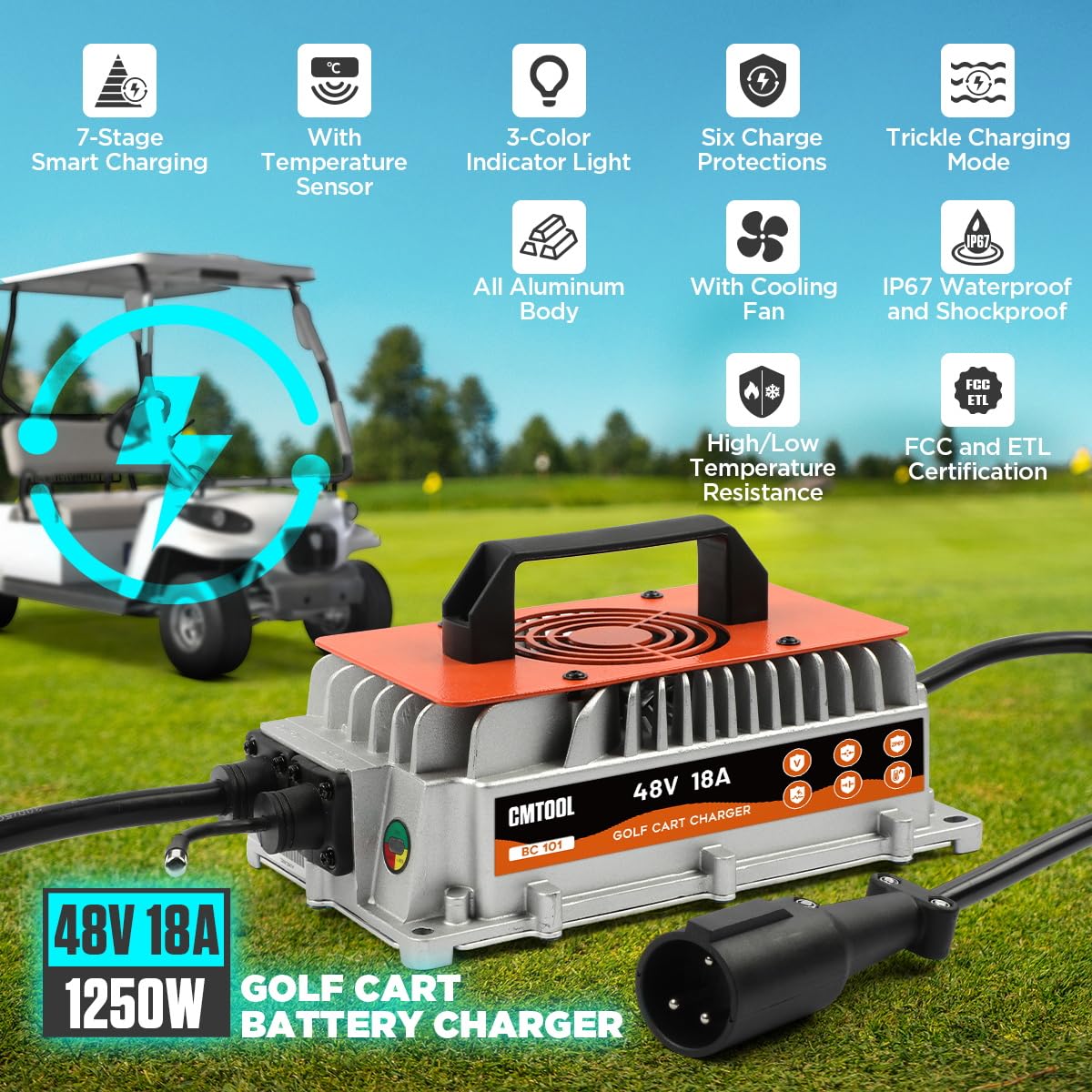 CMTOOL Golf Cart Charger 48 Volt Club Car 18 AMP 48 Volt Golf Cart Battery Charger 1250W Smart Club Car Charger 48V Golf Cart Ch