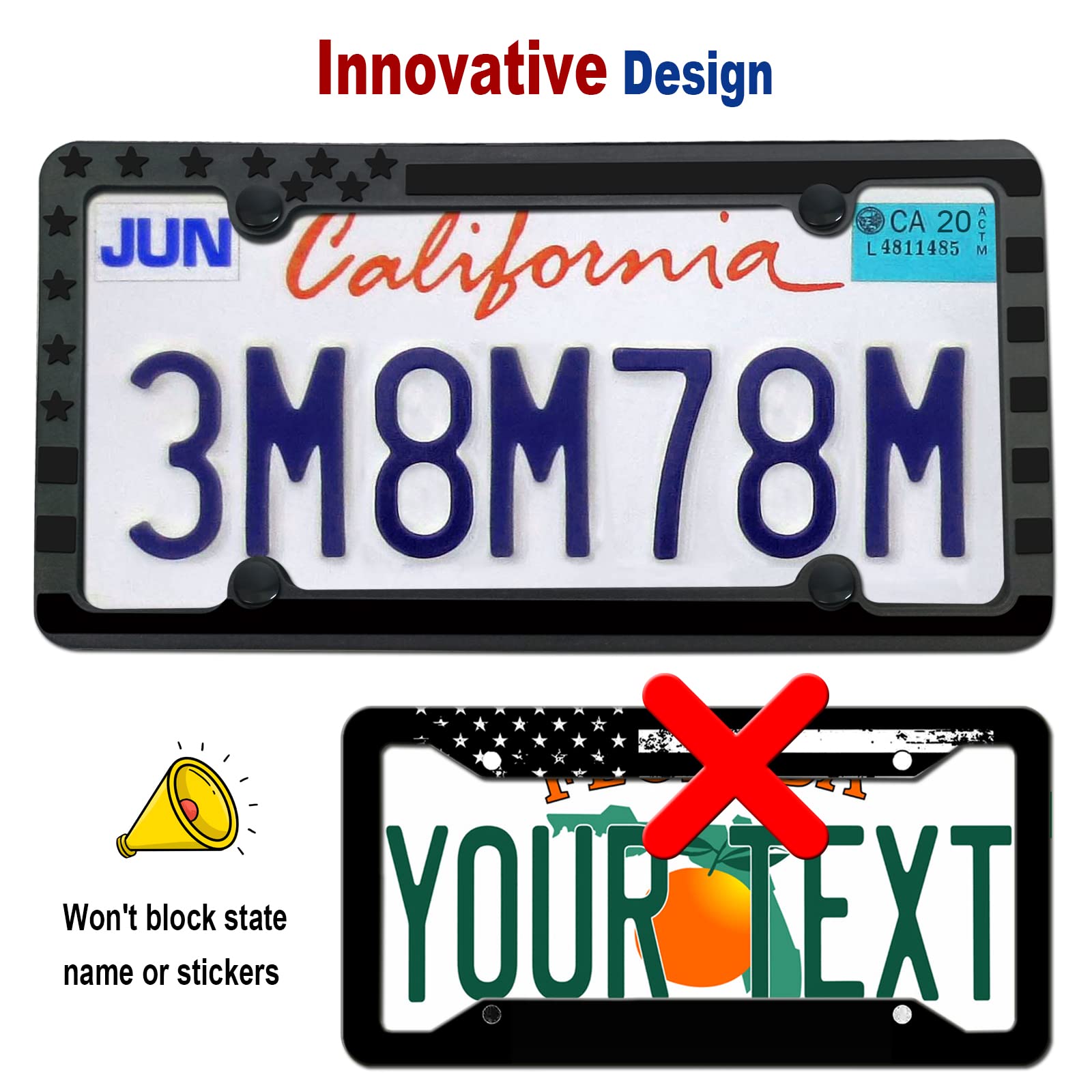 Silicone American Flag License Plate Frames- Rustproof Patriotic Gloss Usa Stars And Stripes Flag Black Car Tag Holder Cover, 2