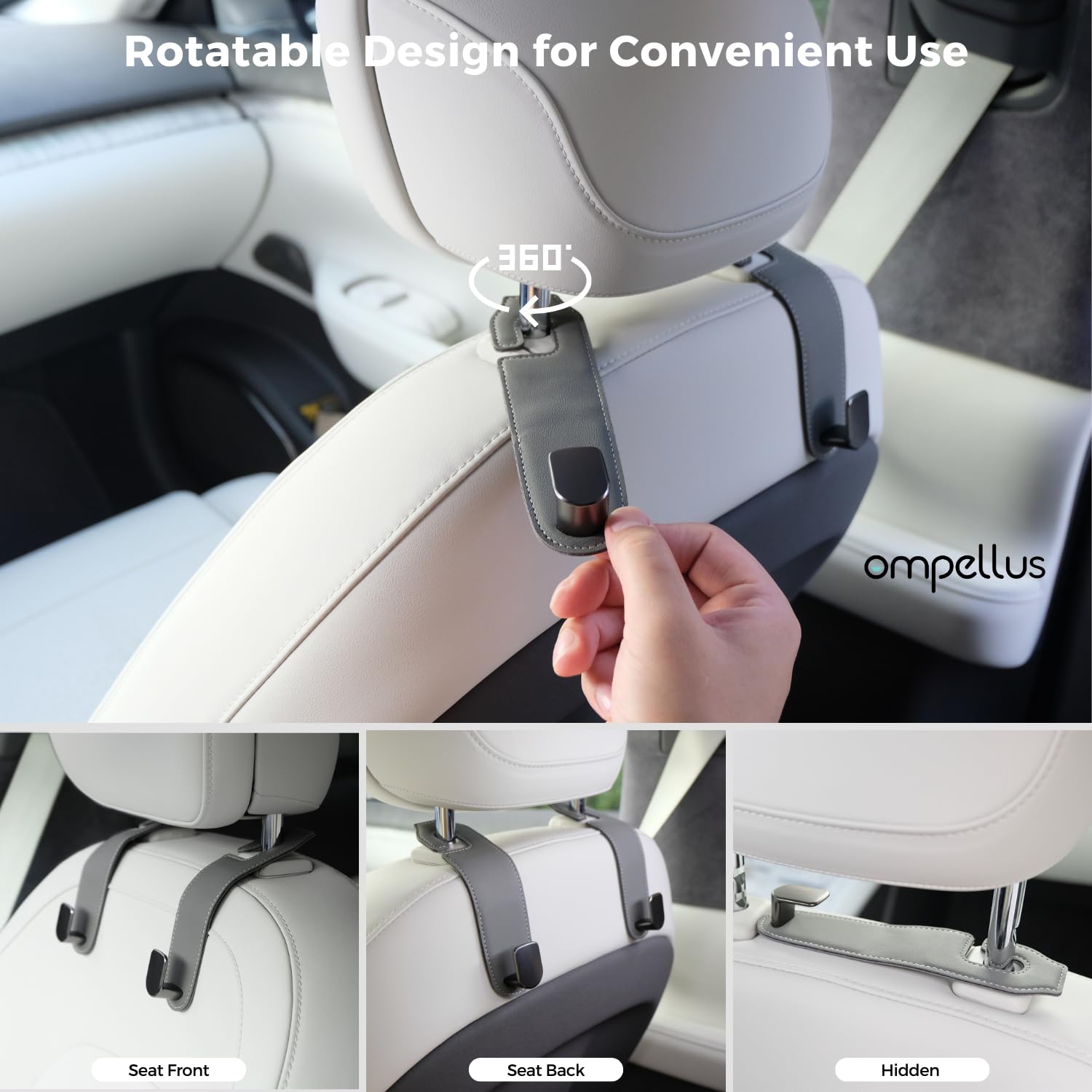 Ompellus Car Headrest Hook, 2 Pack Leather Car Seat Hooks for Purses and Bags, Car Organization Accessories (Grey)