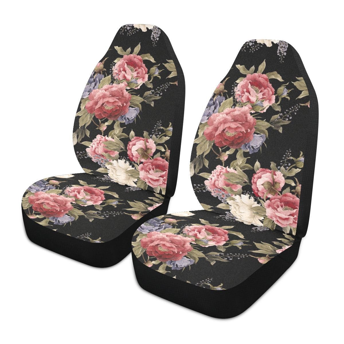 LONSANT Dark Vintage Floral Flowers Print Car Seat Covers Set of 2,Seamless Floral Pattern with Peonies Watercolor Universal Aut