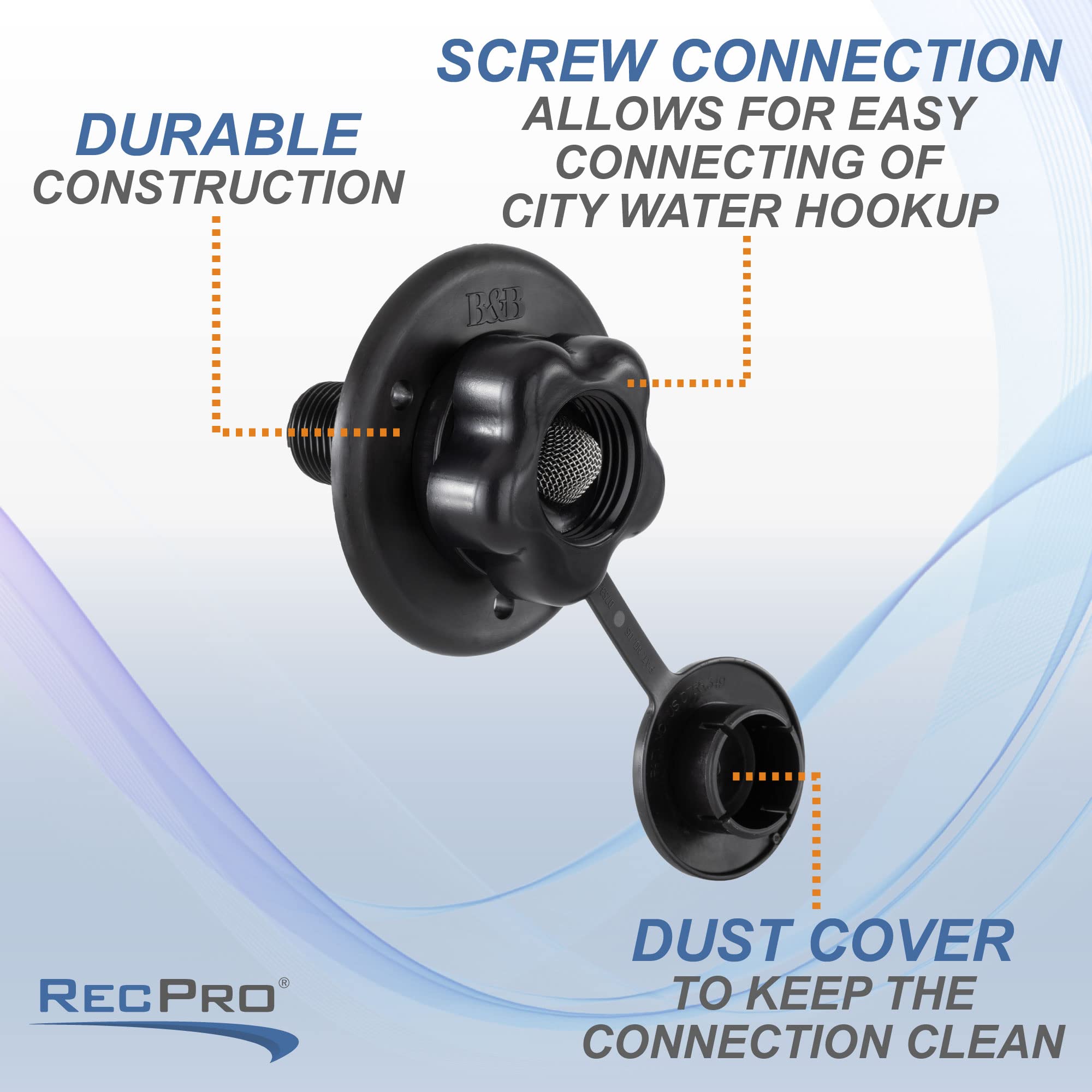 Recpro Rv City Water Fill Inlet | Plastic Flange With Check Valve | Camper | Trailer | Marine (Black) | Made In Usa