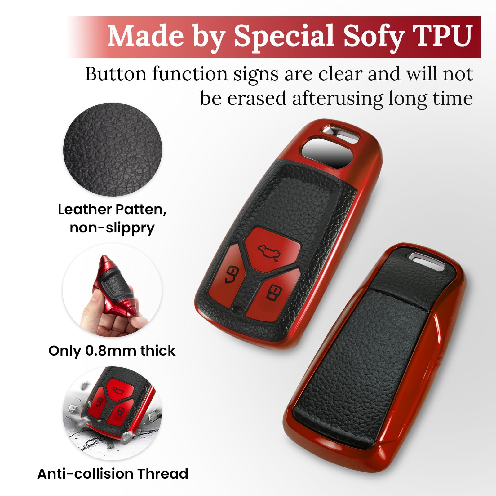 Ctrinews For Audi Key Fob Cover With Leather Keychain, Advanced Soft Tpu Surface Grain Key Case For A4 A5 A6 Q3 Q5 Q7 Tts S4 S5